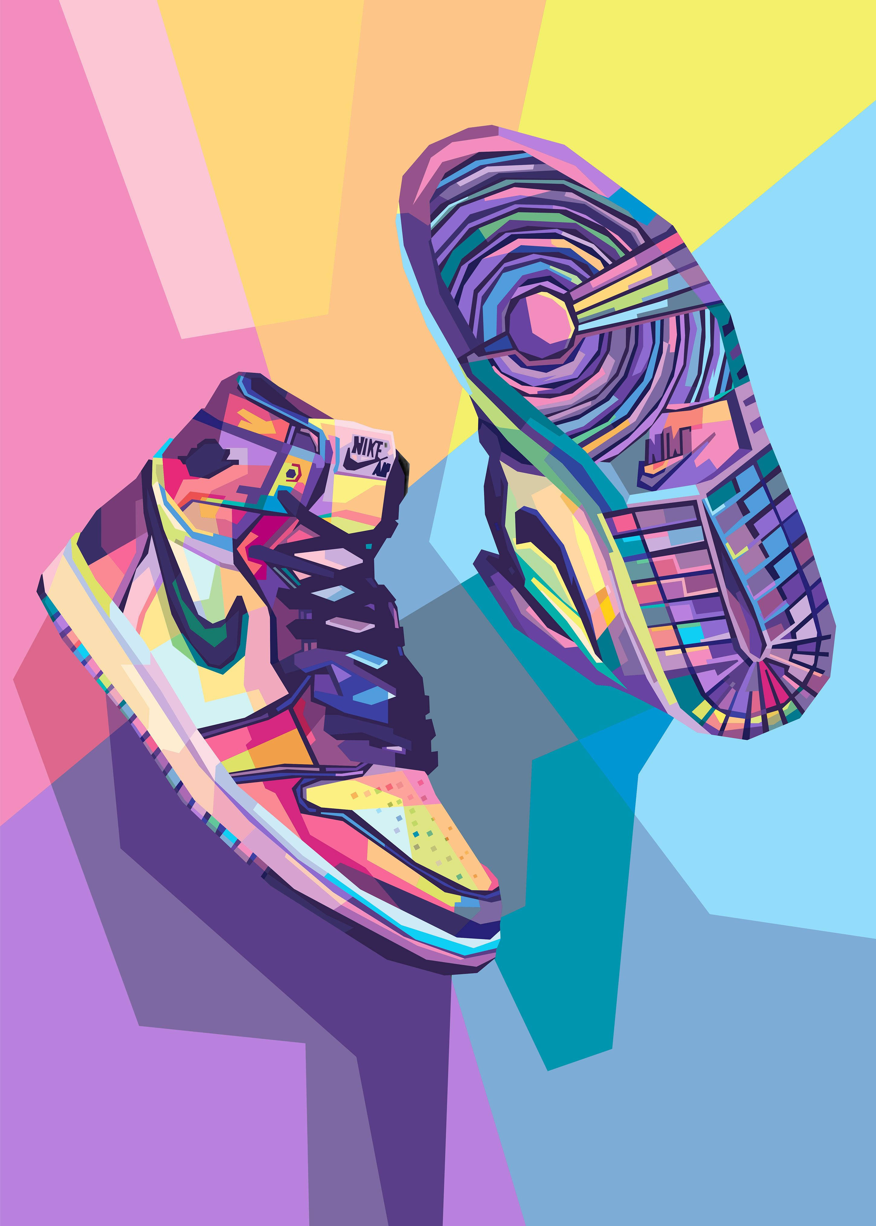 Air Jordan 桌布 壁紙 — 充滿活力的幾何風格Nike運動鞋，帶有彩虹色調，襯托大膽的粉彩背景。