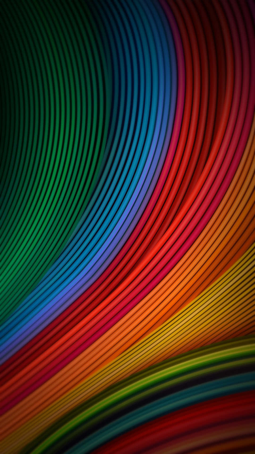 Xiaomi 桌布 壁紙 — 充滿活力的彎曲彩虹條紋沿對角線流過深色漸變背景，形成動態抽象圖案。
