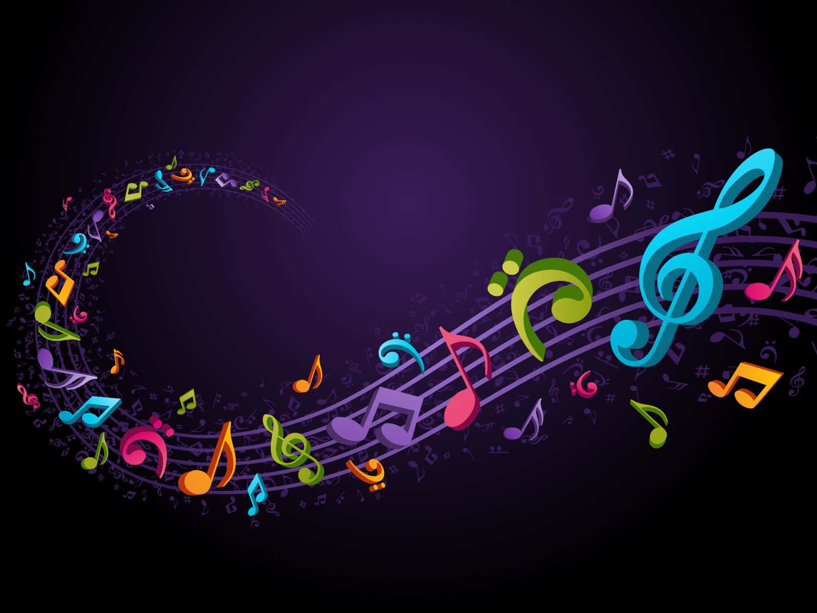 Musical 桌布 壁紙 — 充滿活力的彩色音符和符號在深紫色漸變背景上動態旋轉。