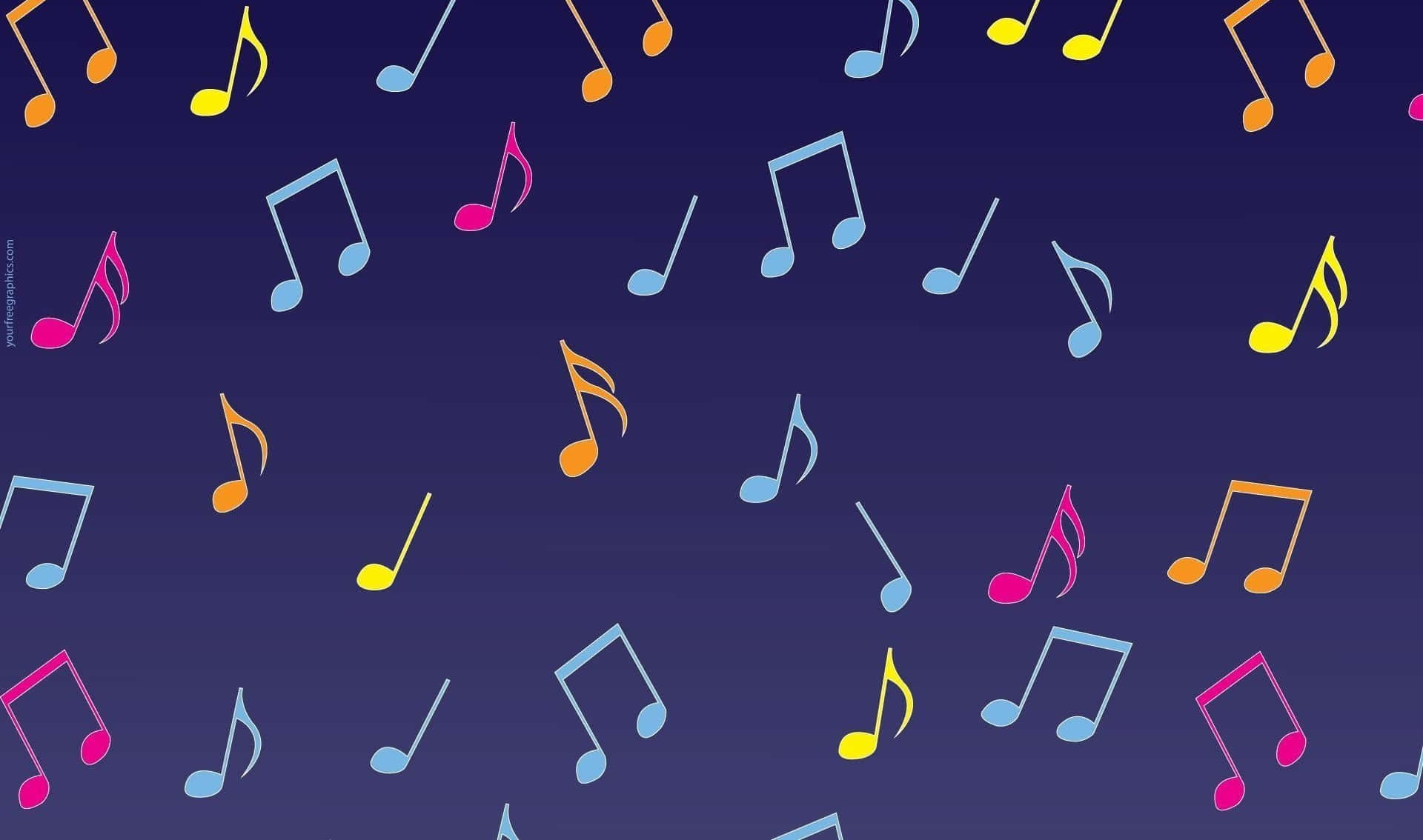 Musical 桌布 壁紙 — 充滿活力的彩色音符在深藍色漸變背景上以俏皮散落圖案漂浮。