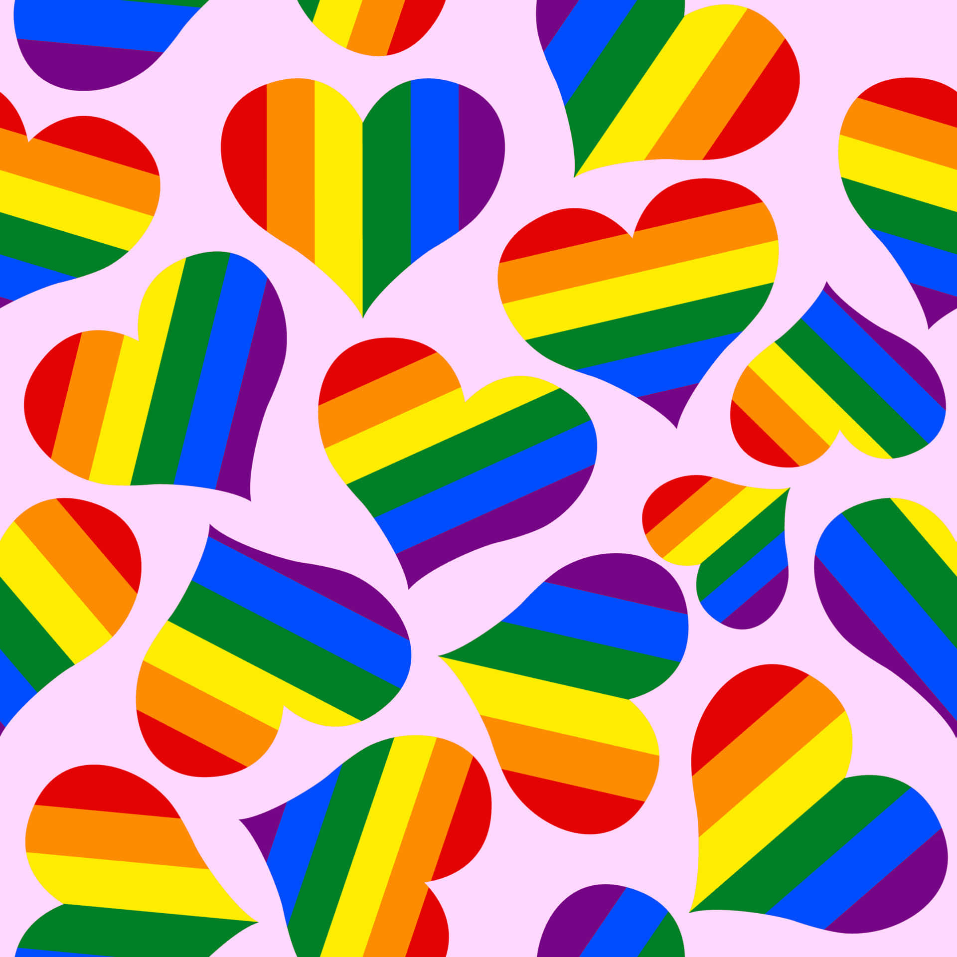 Rainbow Heart 桌布 壁紙 — 充滿活力的彩虹心形在柔和的粉紅色背景上以俏皮的重複圖案漂浮。