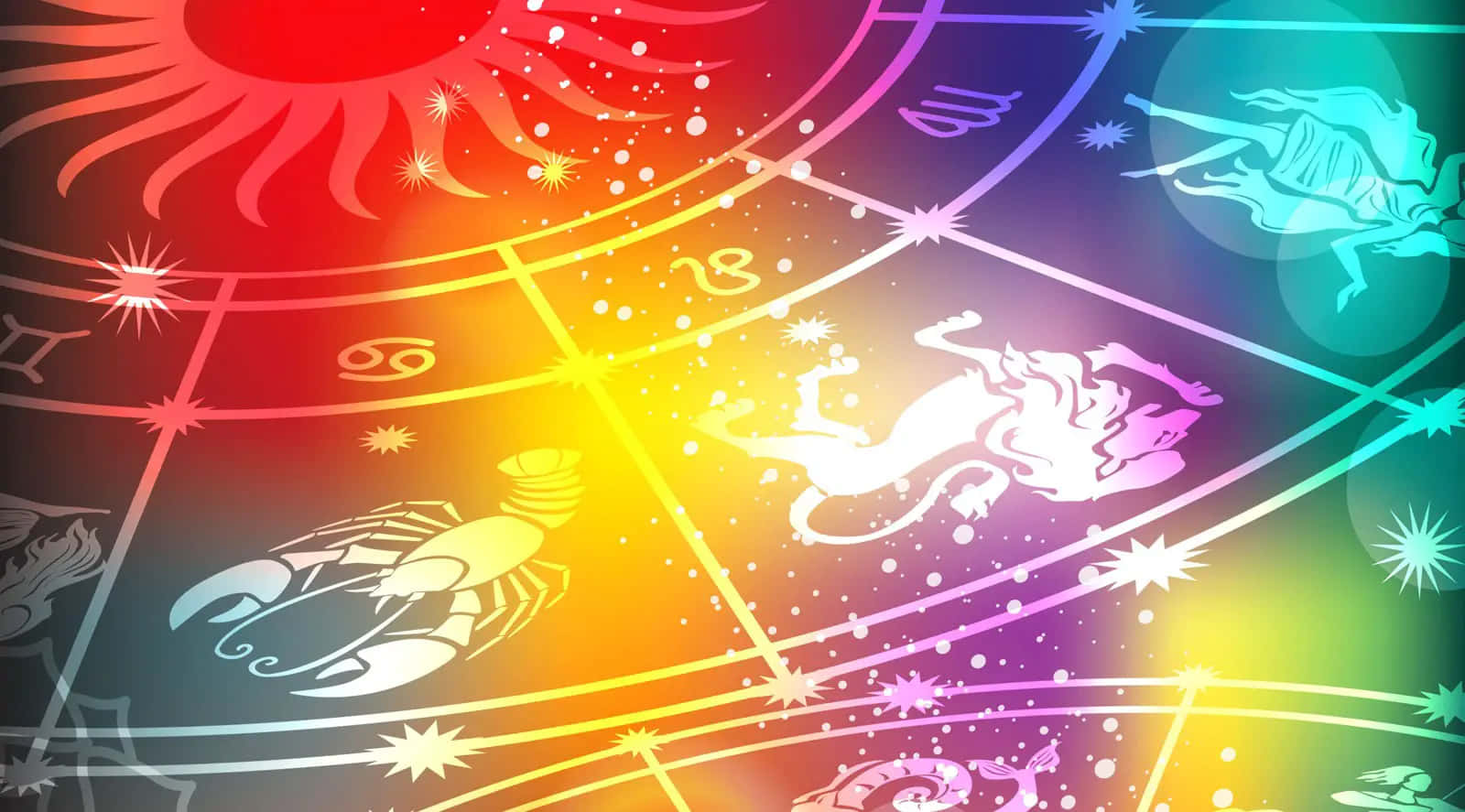 星座 桌布 壁紙 — 充滿活力的彩虹漸變背景，帶有發光的星座和星座白色剪影。