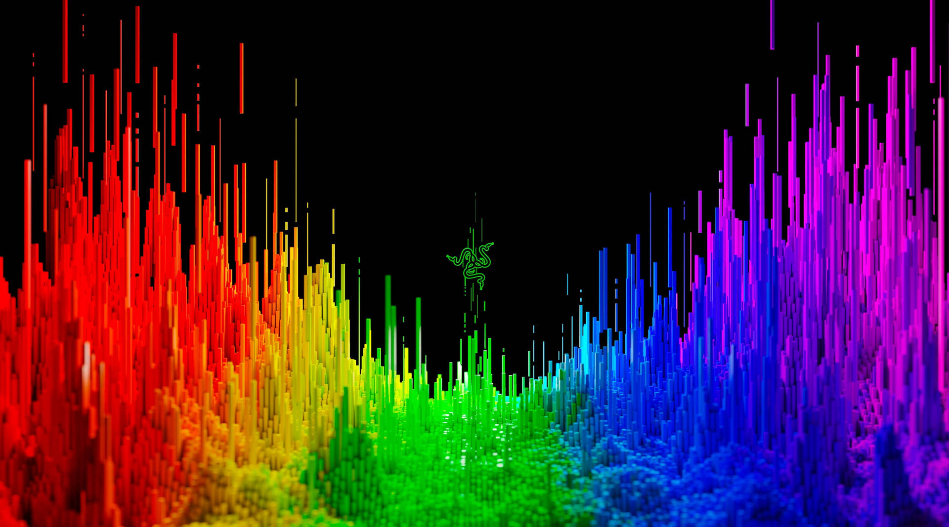 黑色背景上帶有發光Razer標誌的像素化彩虹條紋