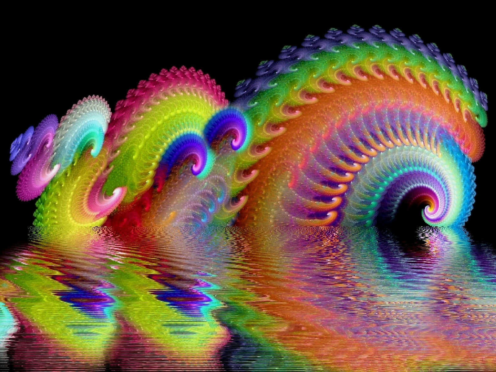 Trippy Fractals 桌布 壁紙 — 充滿活力的彩虹色分形螺旋在黑暗表面上泛起生動的漣漪和反射。