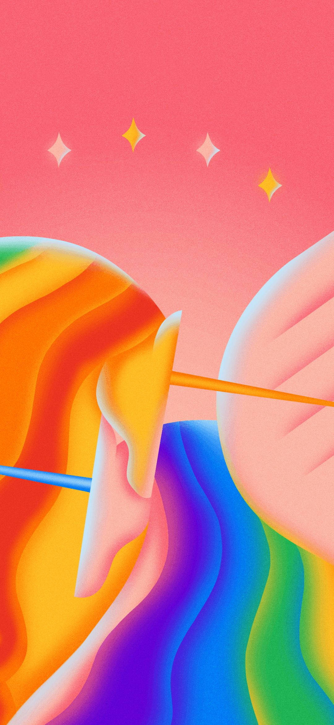 Google Pixel 4a 桌布 壁紙 — 充滿活力的彩虹色抽象波浪在柔和的粉紅色天空中流動，並帶有漂浮的鑽石閃光。