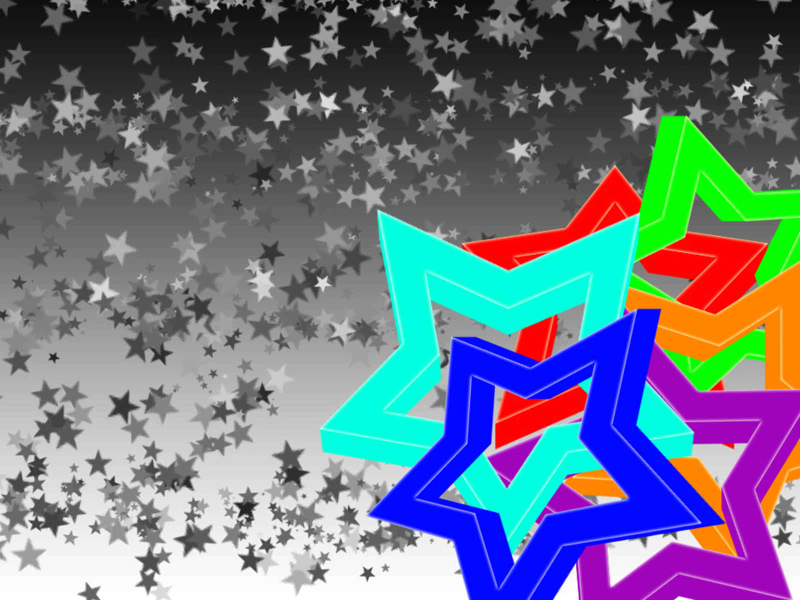 3d Star 桌布 壁紙 — 充滿活力的彩虹色調3D星星在從黑色漸變到白色的灰階星星背景上脫穎而出。