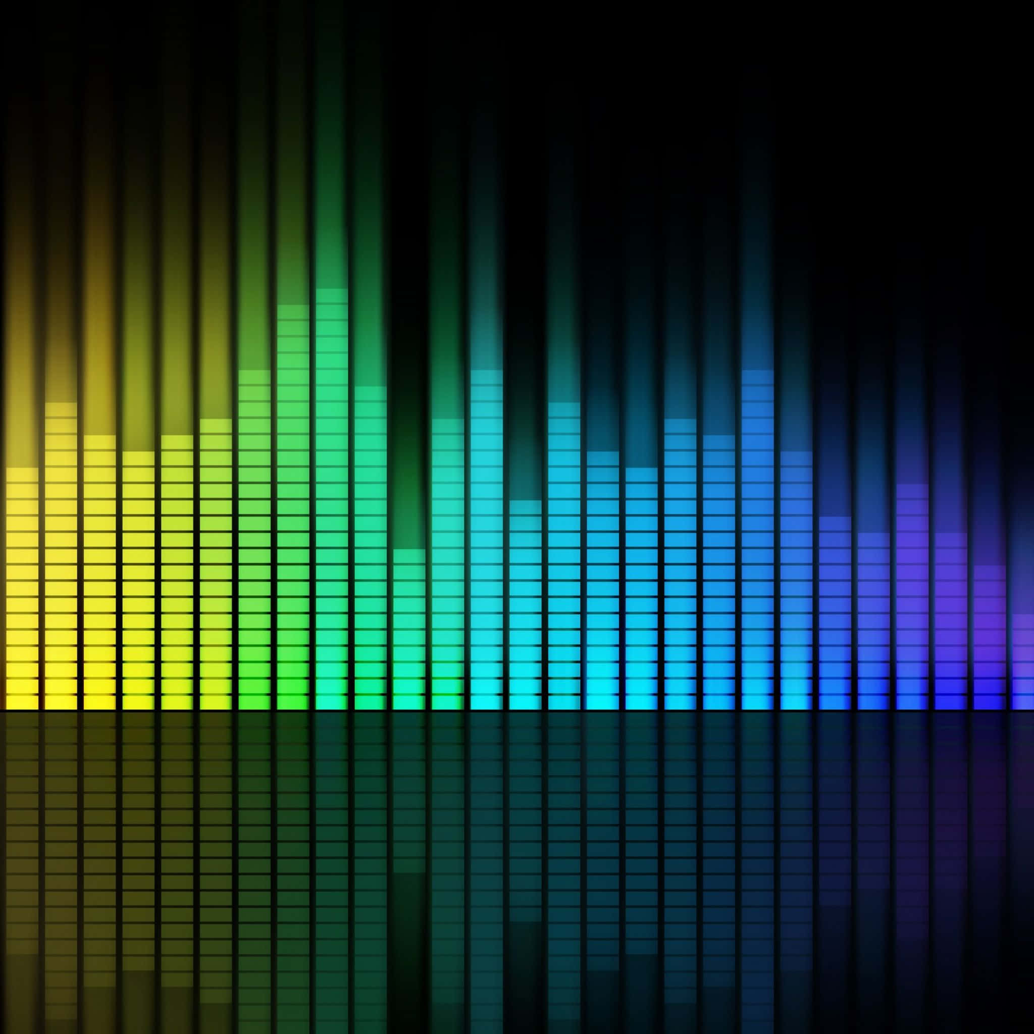 Musical 桌布 壁紙 — 充滿活力的彩虹音頻均衡器條在黑色背景上脈動，帶有鏡面反射。
