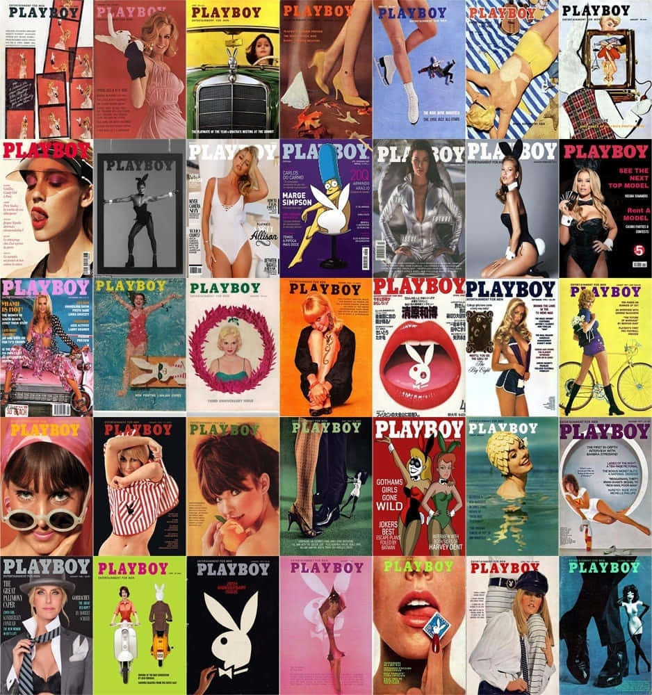 Playboy Aesthetic 桌布 壁紙 — 充滿活力的復古《Playboy》雜誌封面拼貼畫，展示了數十年來的標誌性模特兒、名人及流行文化時刻。