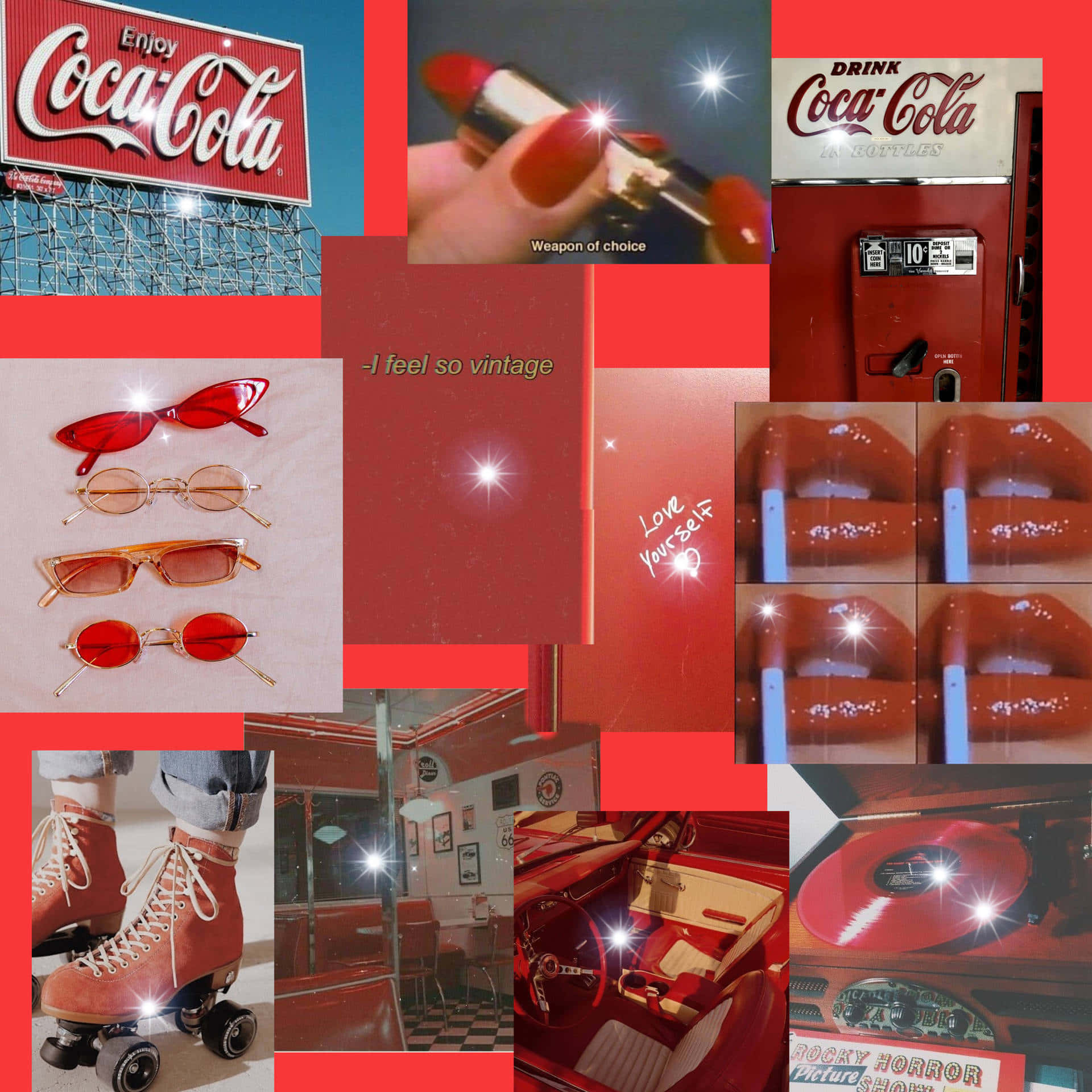Pastel Red Aesthetic 桌布 壁紙 — 充滿活力的復古拼貼畫， featuring 可口可樂標誌、溜冰鞋、復古眼鏡和嘴唇，所有元素都在大膽的紅色背景上閃閃發光。