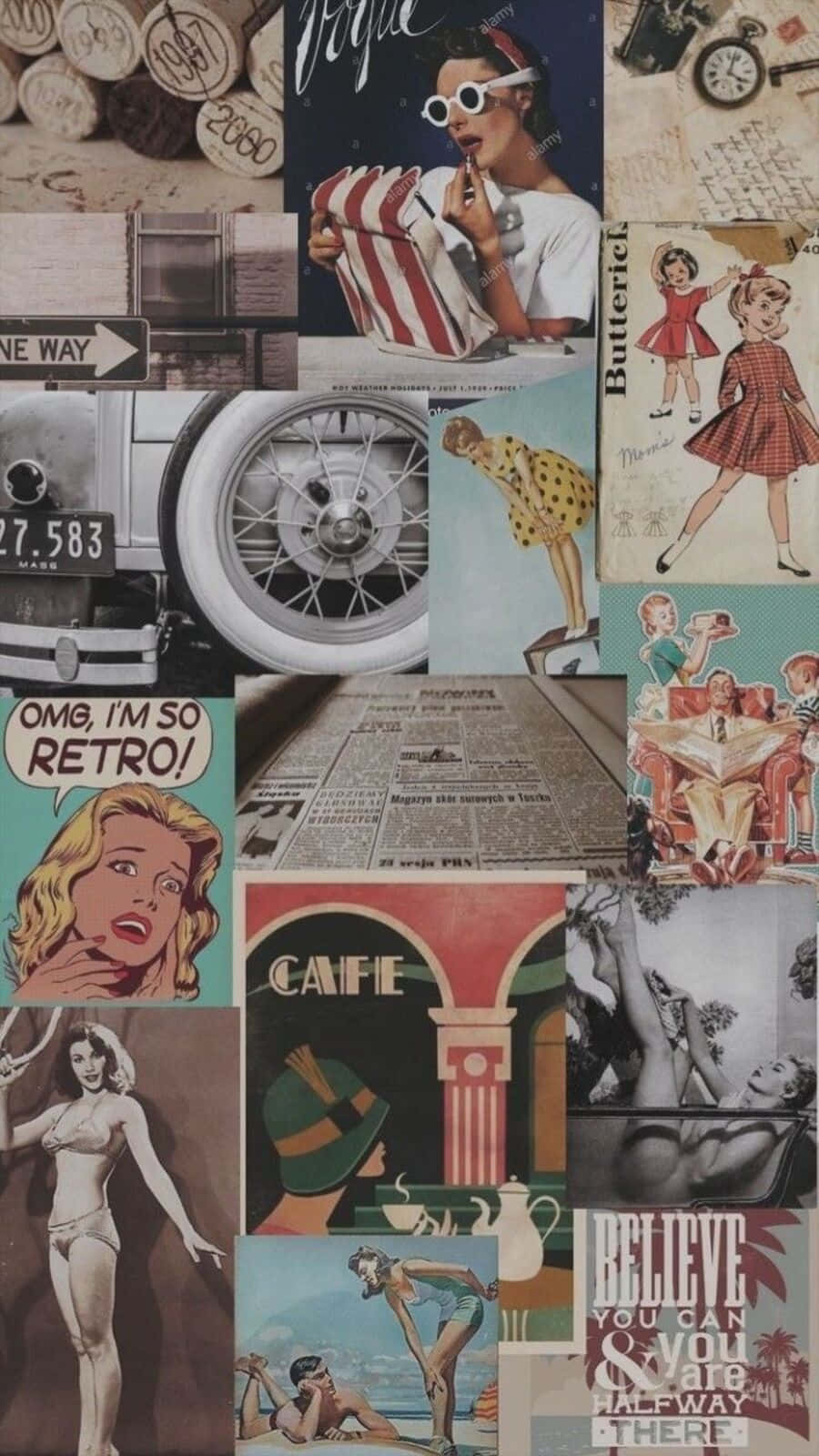 90's Vintage Retro Aesthetic 桌布 壁紙 — 充滿活力的復古拼貼畫，以鮮豔色彩呈現復古海報女郎、汽車、報紙和時尚插圖。