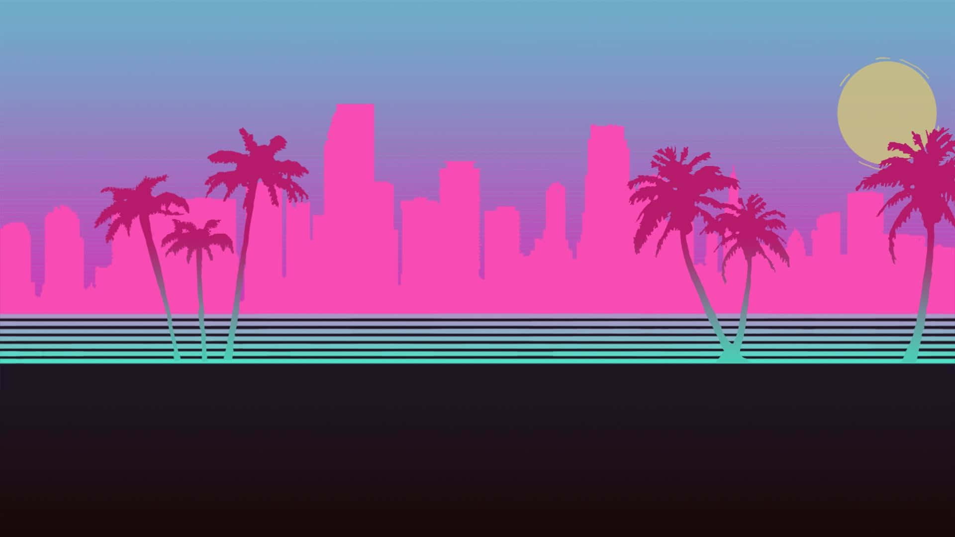 Hotline Miami 桌布 壁紙 — 充滿活力的復古未來主義城市天際線，襯托著粉紅色棕櫚樹和發光的太陽，背景是漸變天空。