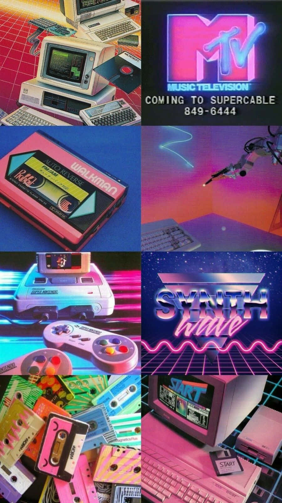 90's Vintage Retro Aesthetic 桌布 壁紙 — 充滿活力的復古未來主義拼貼畫，展示1980年代的科技，如CRT顯示器、卡式錄音帶和遊戲設備，在霓虹網格下發光。