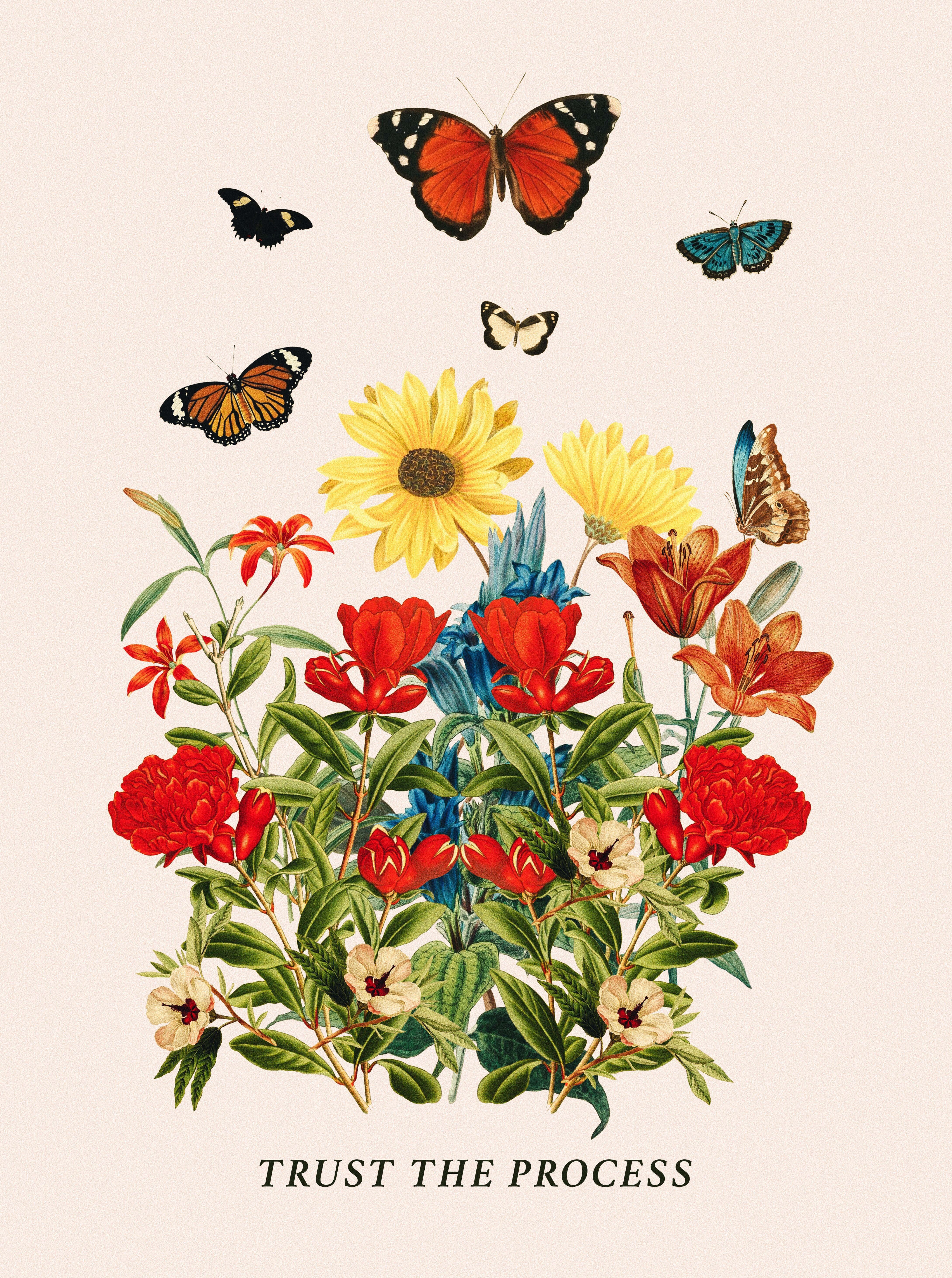Butterfly Quotes 桌布 壁紙 — 充滿活力的復古植物插圖，綻放紅、橙、黃色花朵和色彩繽紛的蝴蝶，襯以柔和奶油色背景。