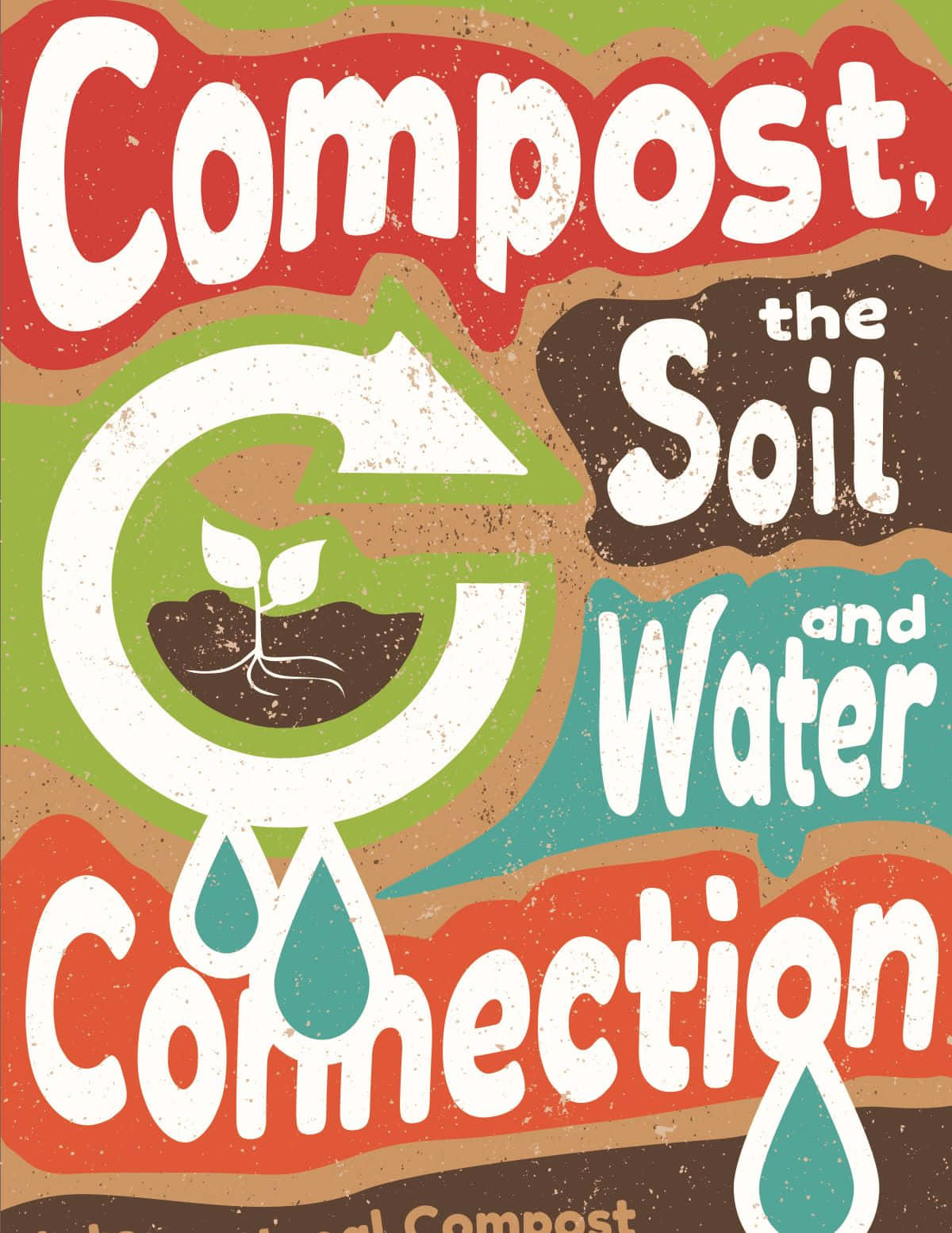 Compost 桌布 壁紙 — 充滿活力的復古海報，以粗體字體和圓形箭頭圖形說明堆肥土壤與水的聯繫。