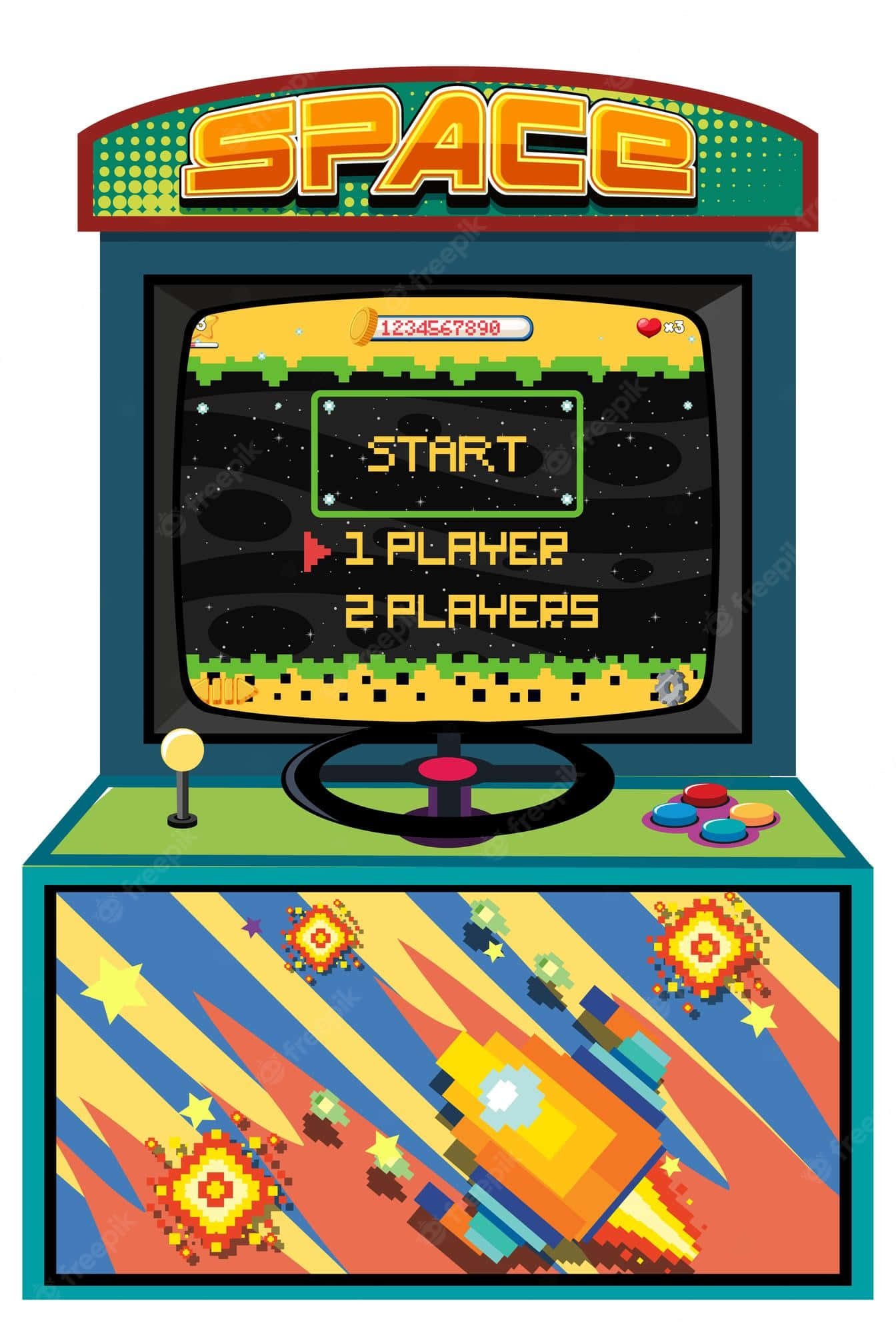 Arcade Games 桌布 壁紙 — 充滿活力的復古街機，帶有「SPACE」遊戲畫面，顯示開始選項和機櫃上色彩繽紛的像素藝術火箭。