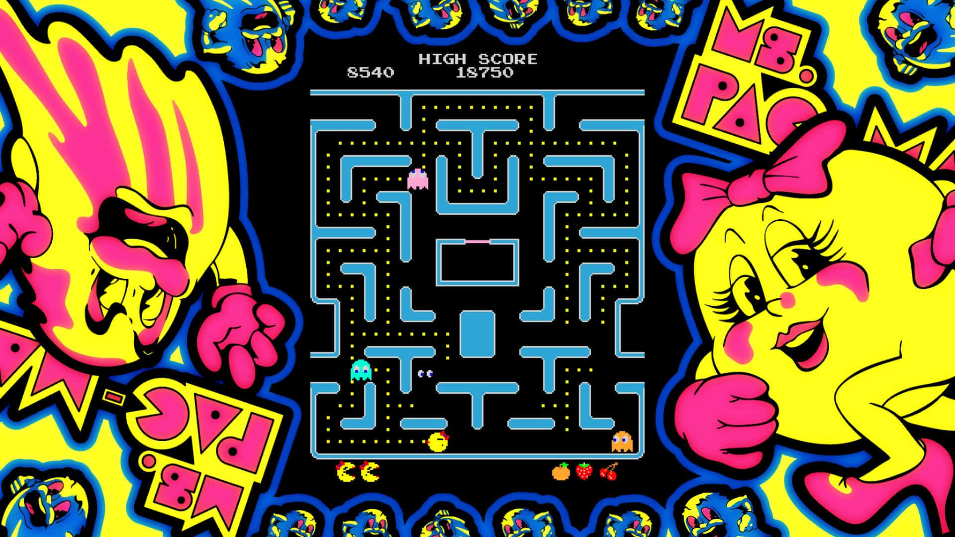 pac man 桌布 壁紙 — 充滿活力的復古街機遊戲，主角係Ms Pacman，戴住粉紅色蝴蝶結，喺霓虹黃色迷宮入面同鬼魂追逐。