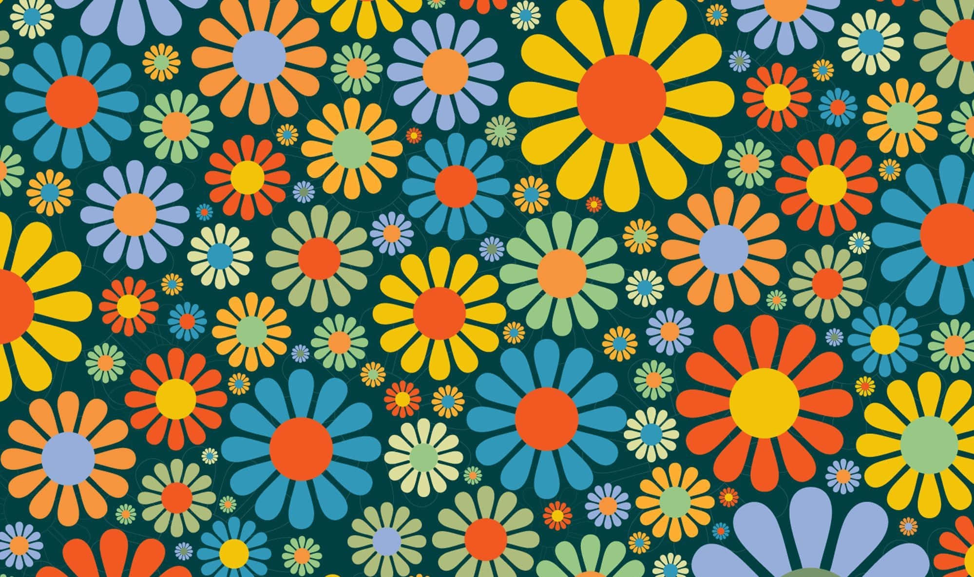 Psychedelic 70s Aesthetic 桌布 壁紙 — 充滿活力的復古雛菊，以橙色、藍色和黃色在深青色背景上綻放，形成俏皮的重複圖案。