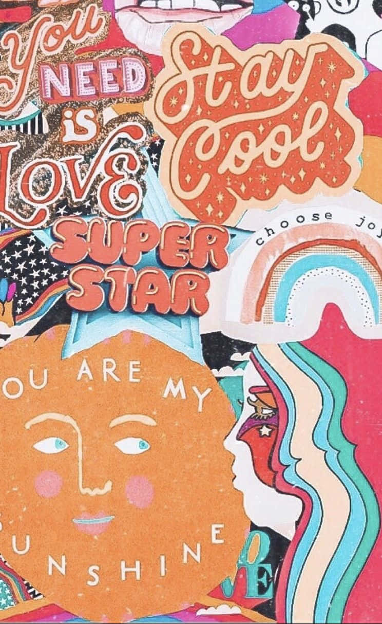 pinterest 桌布 壁紙 — 充滿活力的復古風格勵志語句和彩色插圖拼貼，包括微笑的太陽和彩虹。