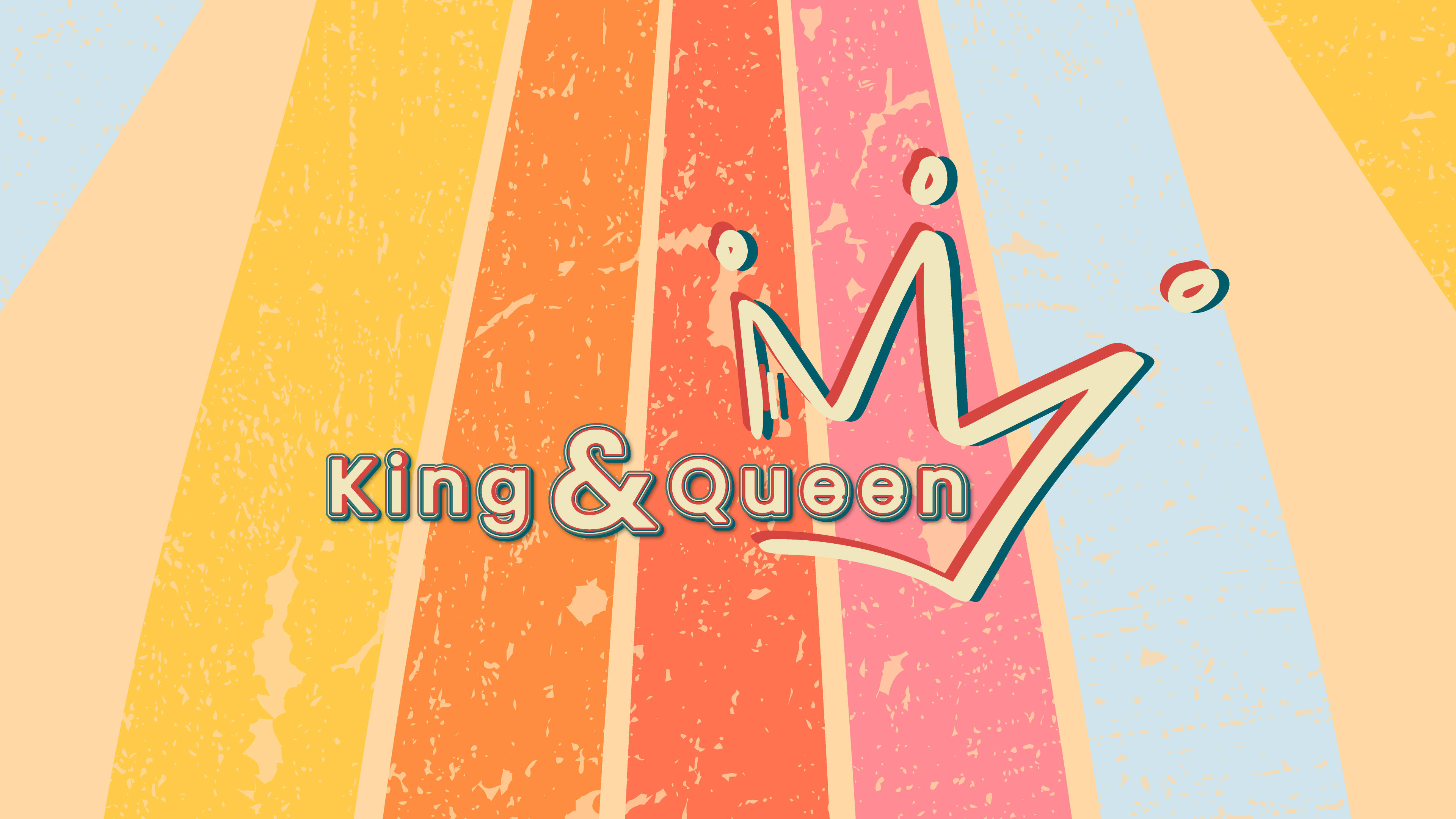 Queen 桌布 壁紙 — 充滿活力的復古風格圖形，帶有「King & Queen」文字和皇冠圖標，背景為彩色條紋。