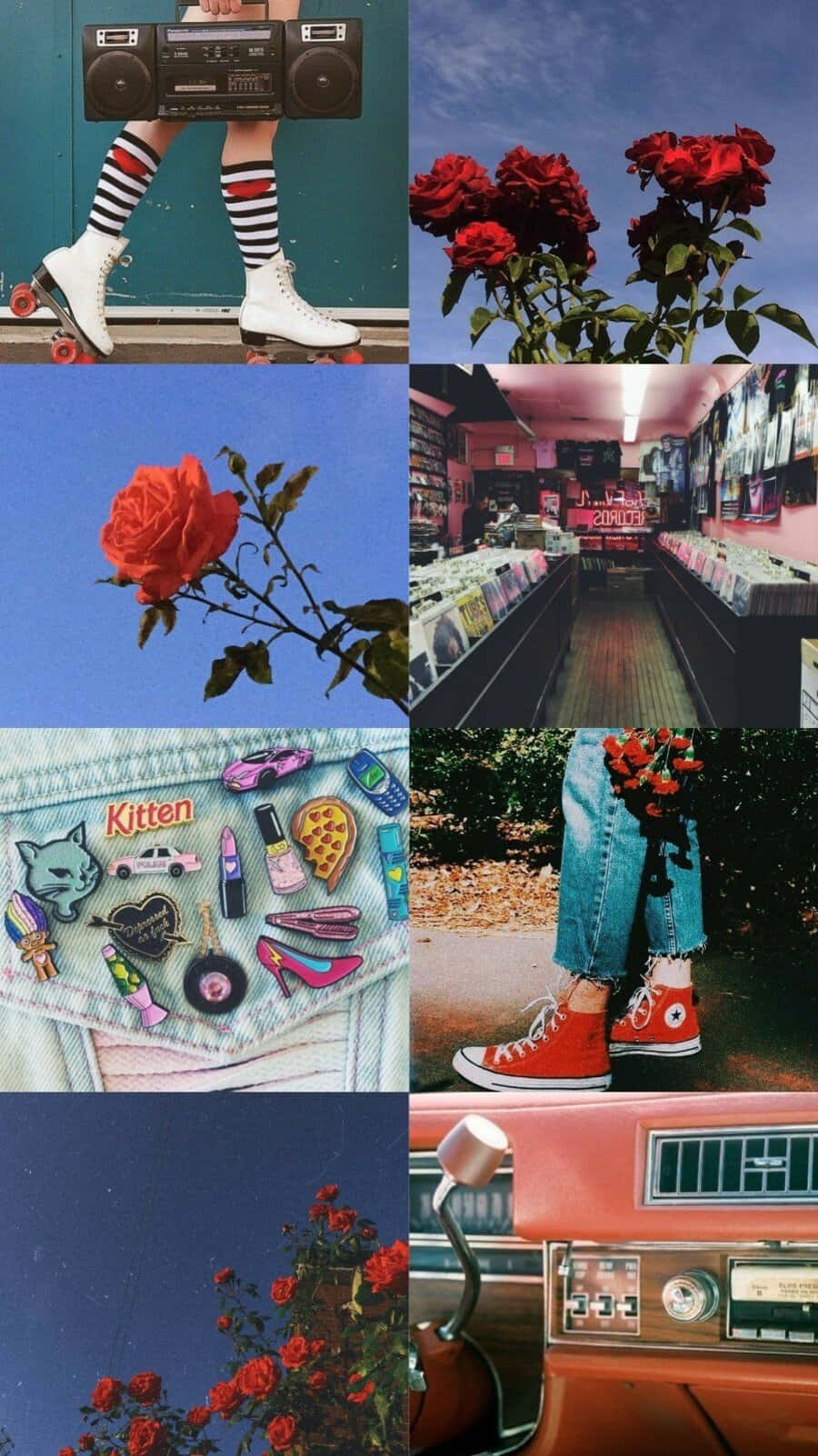 90's Vintage Retro Aesthetic 桌布 壁紙 — 充滿活力的復古風格拼貼畫， featuring 紅玫瑰、復古車內飾、條紋襪子和飾有彩色別針的牛仔布。