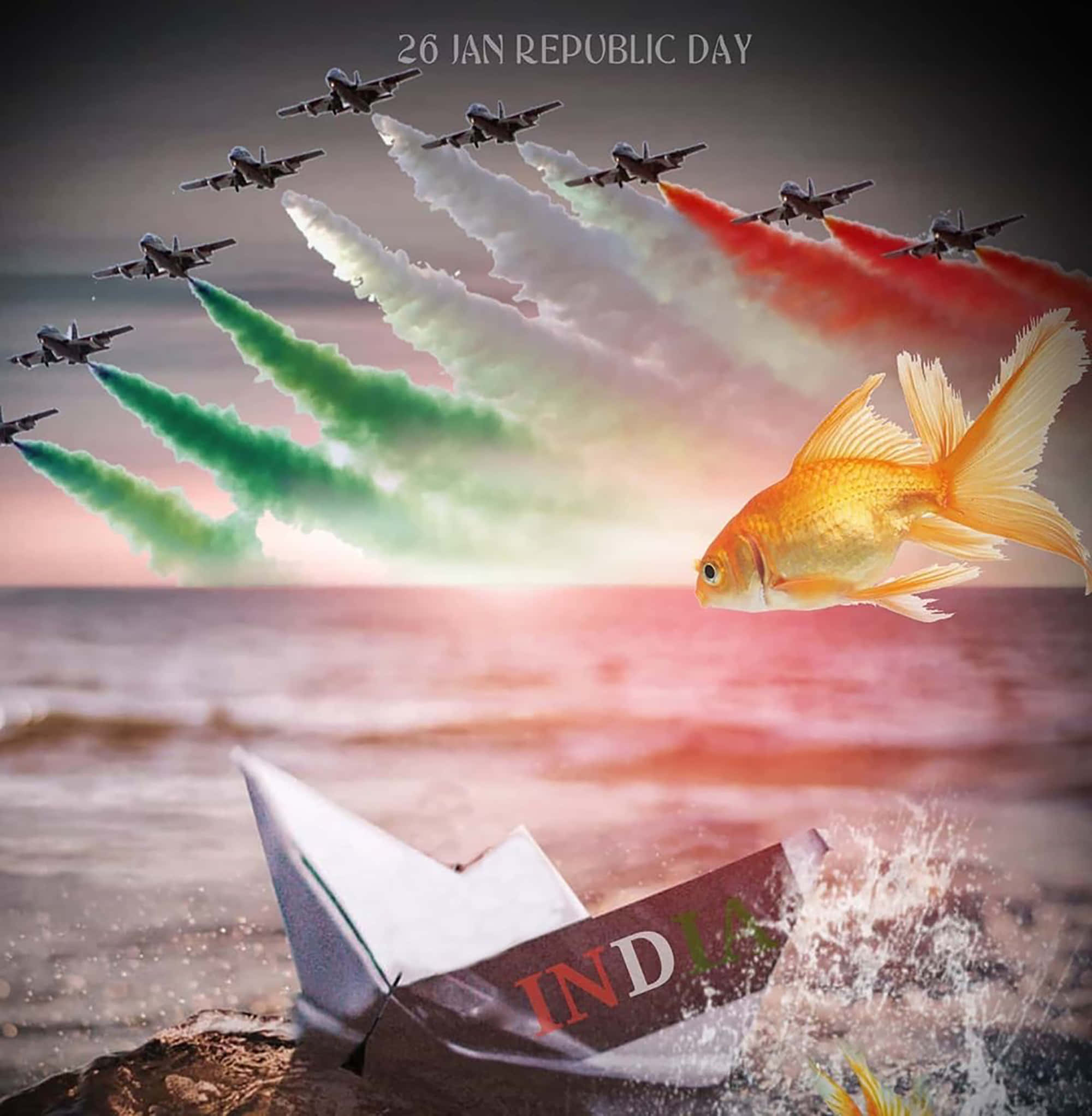 充滿活力的愛國慶祝——印度共和日 壁紙 — 一條金魚飛過海浪，噴射機拖著三色煙霧，在紙船上慶祝印度共和國日。