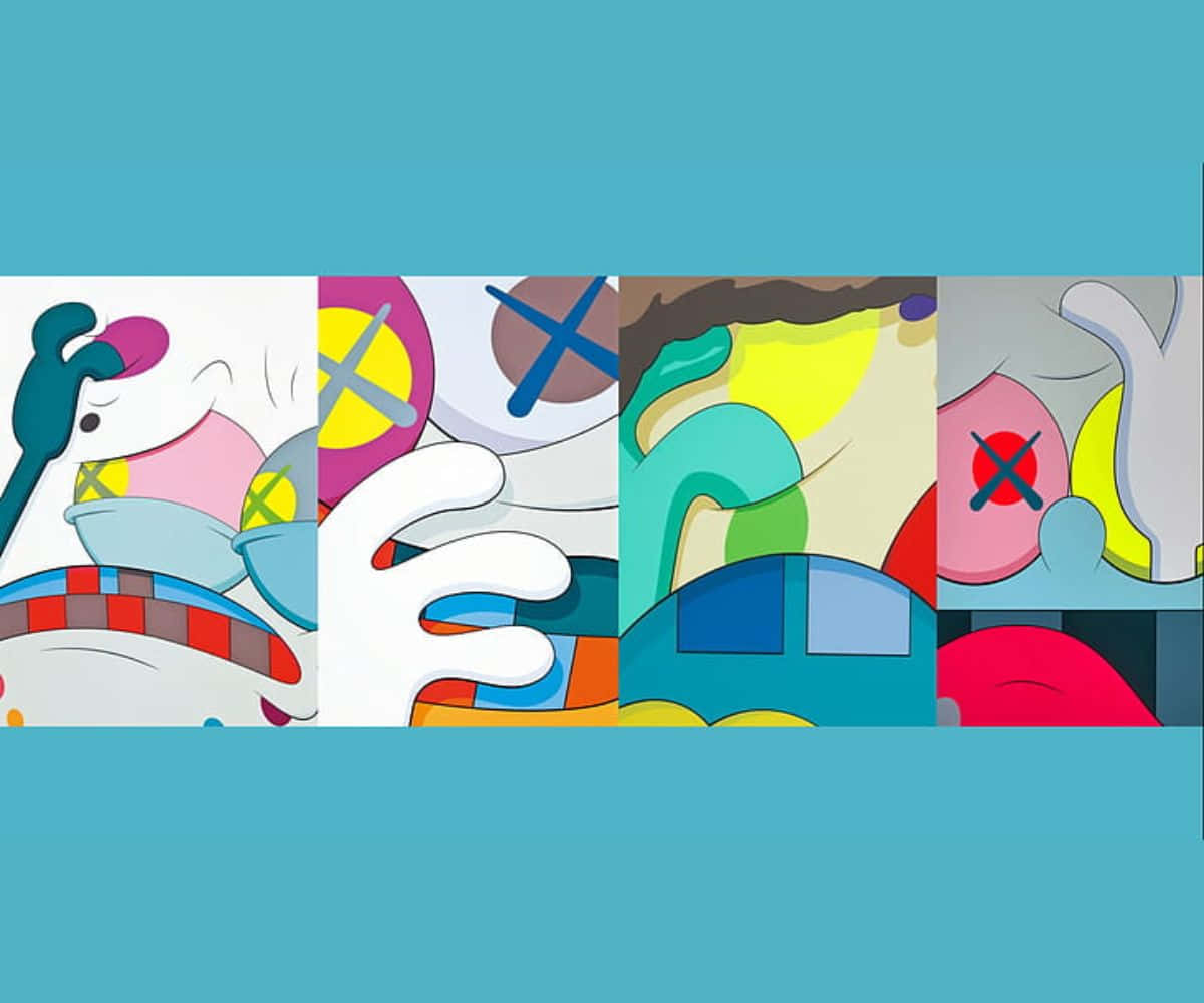 Kaws Spongebob 桌布 壁紙 — 充滿活力的抽象卡通面板，以鮮豔色彩和俏皮形狀搭配青綠色背景。