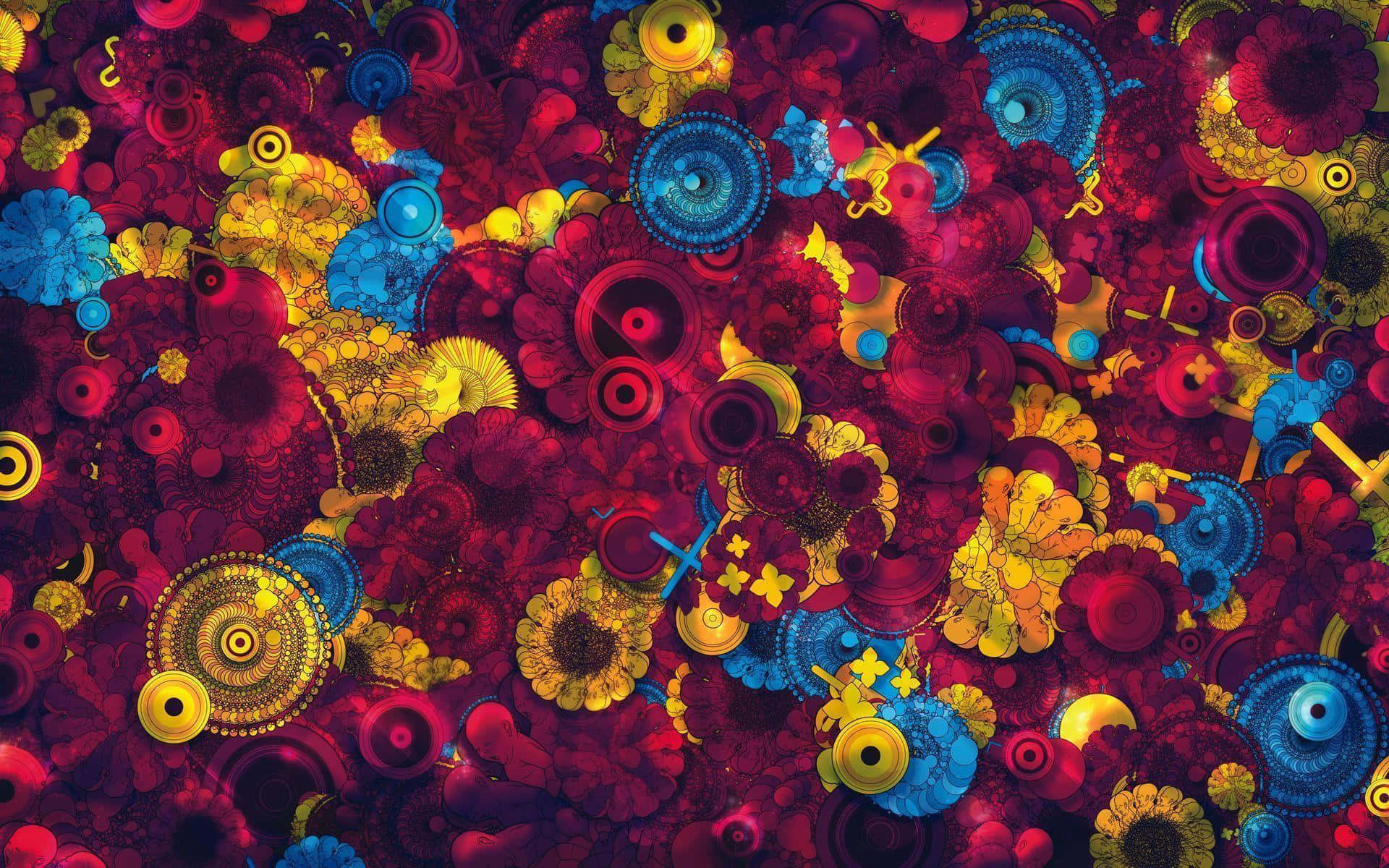 Psychedelic Nature 桌布 壁紙 — 充滿活力的抽象圖案，由旋轉的紅色、藍色和黃色圓形形狀組成，帶有複雜的幾何細節。