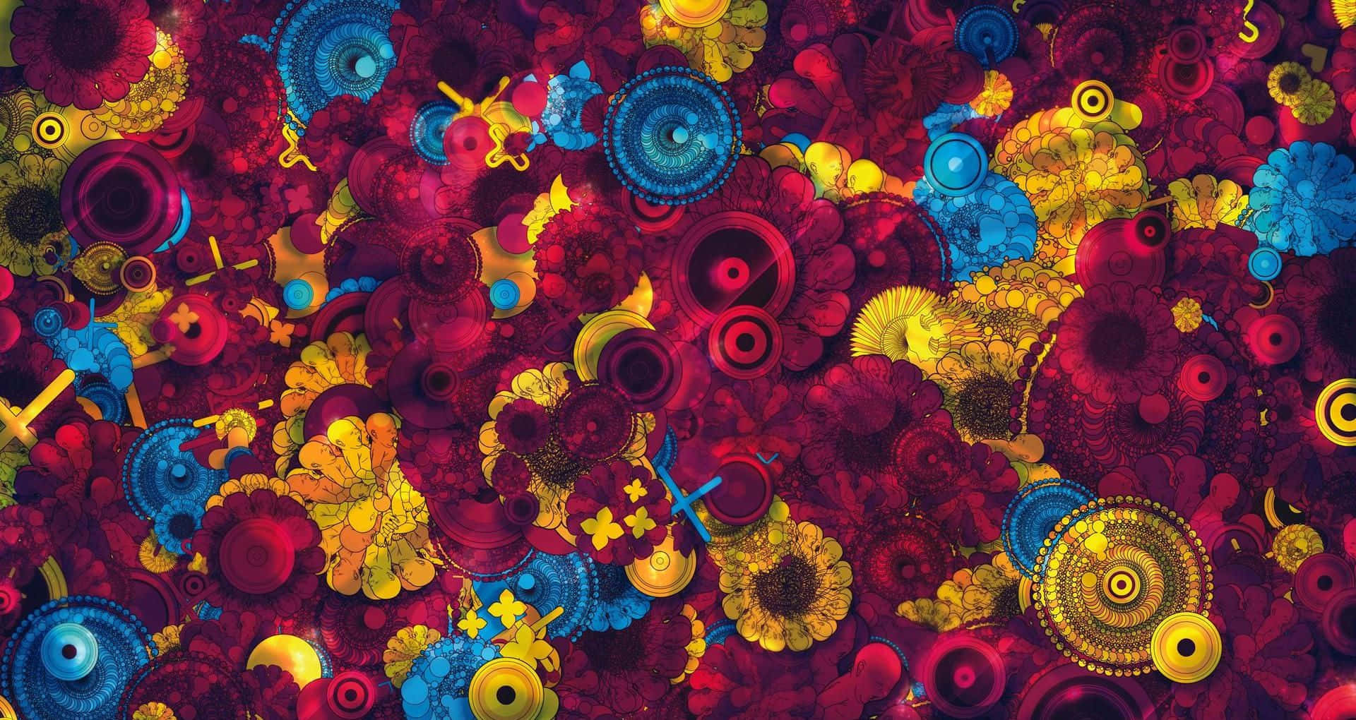 Trippy 3d Art 桌布 壁紙 — 充滿活力的抽象圖案，由旋轉的紅色、黃色和藍色幾何花卉形狀密集排列在整個畫面中。