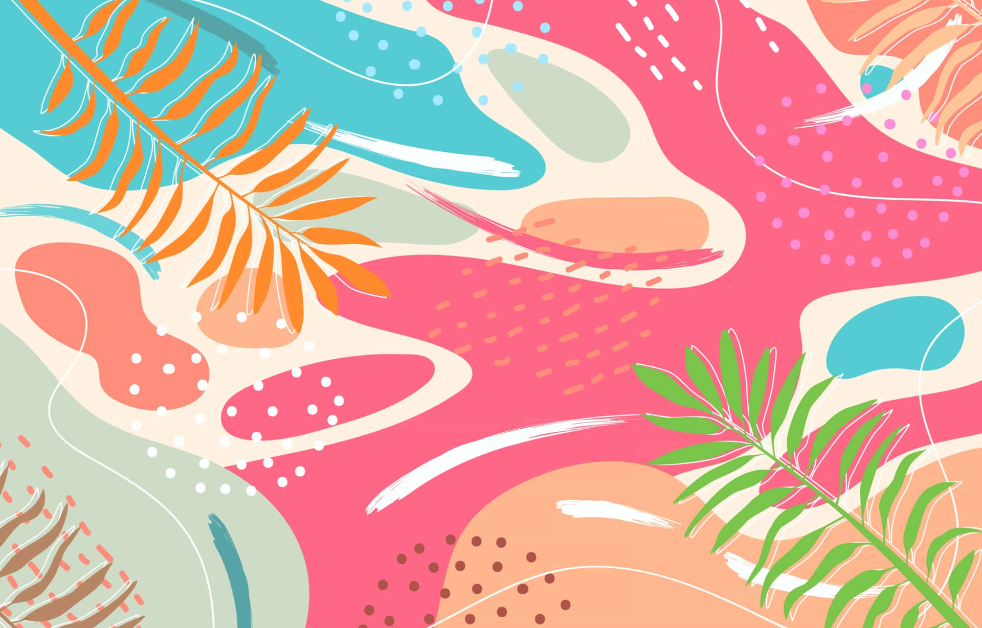Pastel Abstract 桌布 壁紙 — 充滿活力的抽象壁紙，帶有熱帶葉子和粉紅色、藍綠色和橙色的彩色有機形狀。