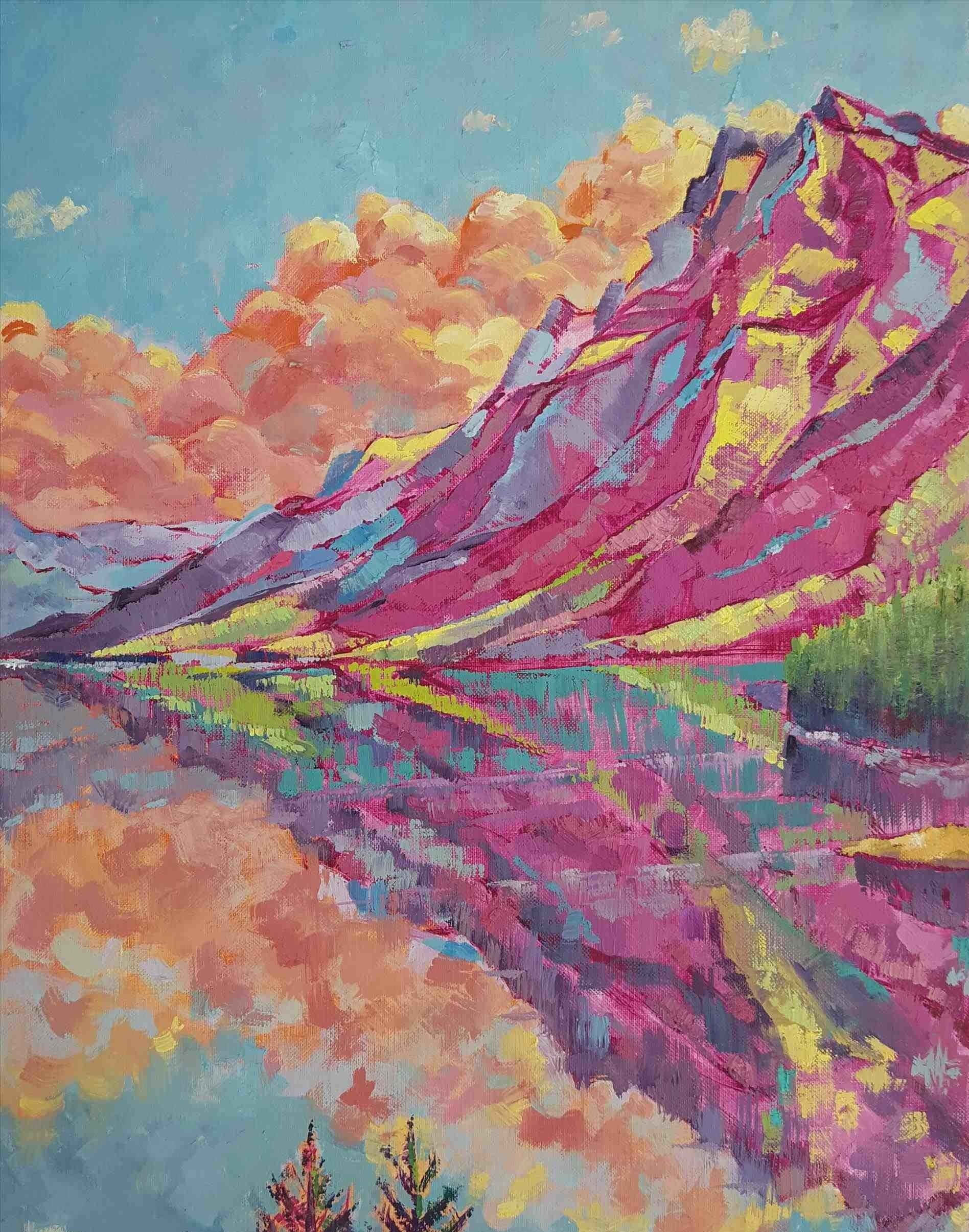 Impressionism 桌布 壁紙 — 充滿活力的抽象山景，以鮮豔的洋紅色、黃色和藍綠色筆觸在平靜的湖面上倒映，天空柔和。