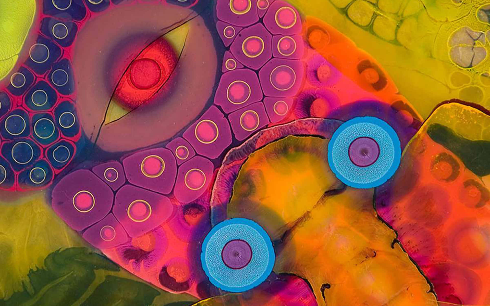 Psychedelic 70s Aesthetic 桌布 壁紙 — 充滿活力的抽象微距，呈現色彩繽紛的細胞圖案，帶有發光圓圈和紅色眼睛狀形狀。