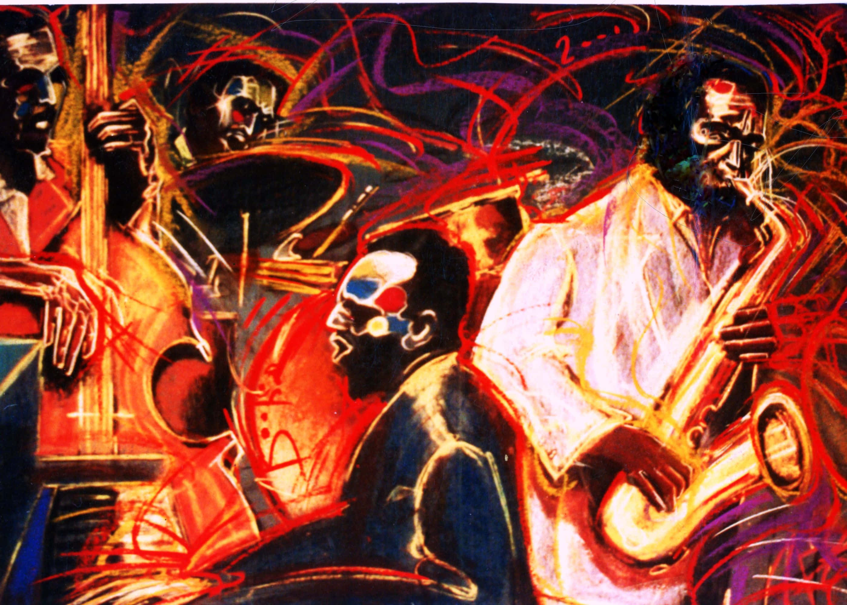 Jazz 桌布 壁紙 — 充滿活力的抽象插圖，描繪爵士樂手在旋轉的紅色、紫色和橙色線條中演奏色士風、低音結他和鼓。