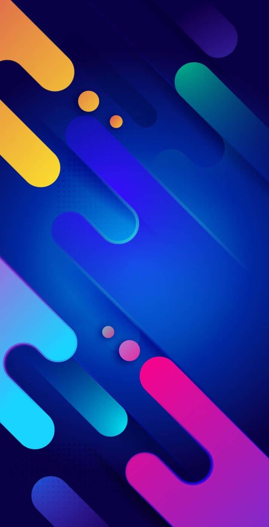 Phone Screen 桌布 壁紙 — 充滿活力的抽象數位藝術，在深色漸變背景上呈現藍色、黃色和洋紅色的流動霓虹形狀。
