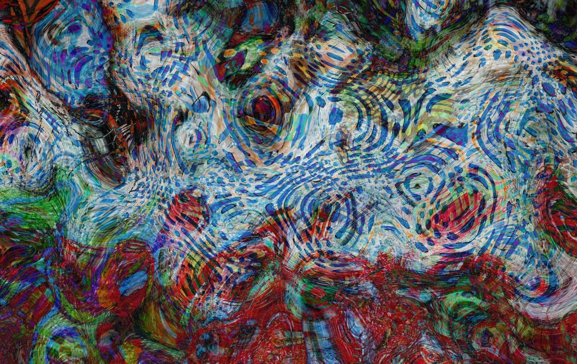 Psychedelic Grunge 桌布 壁紙 — 充滿活力的抽象數位藝術作品，帶有漩渦圖案和混亂的筆觸，採用大膽的紅色、藍色、綠色和白色。