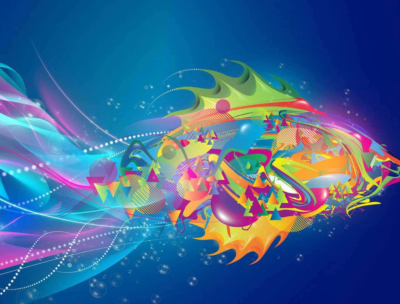 Beautiful Color 桌布 壁紙 — 充滿活力的抽象數位藝術作品，帶有旋轉的霓虹色彩和幾何形狀，背景為深藍色漸變。
