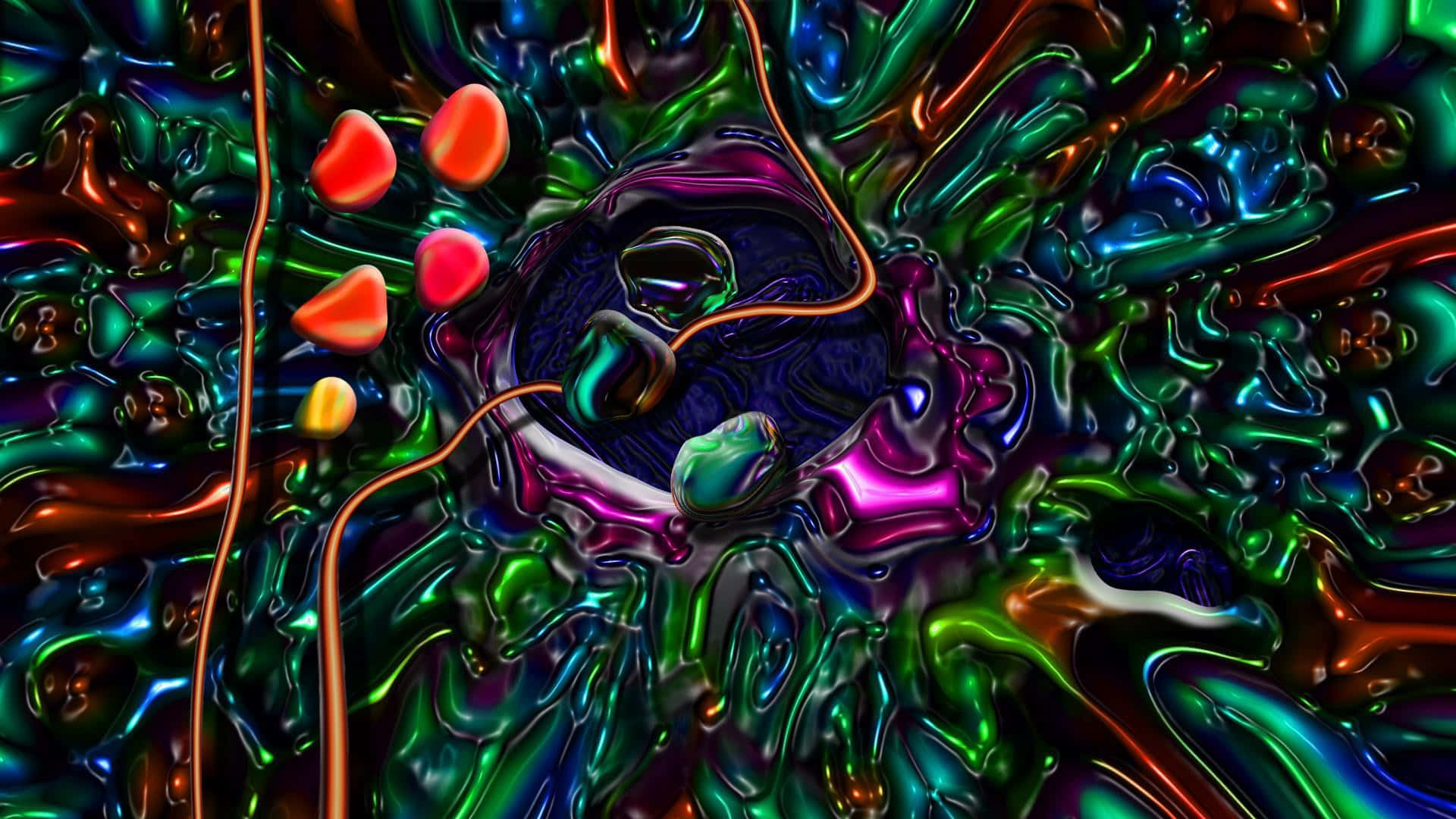 Trippy 3d Art 桌布 壁紙 — 充滿活力的抽象數位藝術作品，帶有旋轉的金屬色彩和發光的橙色球體，背景為深色。