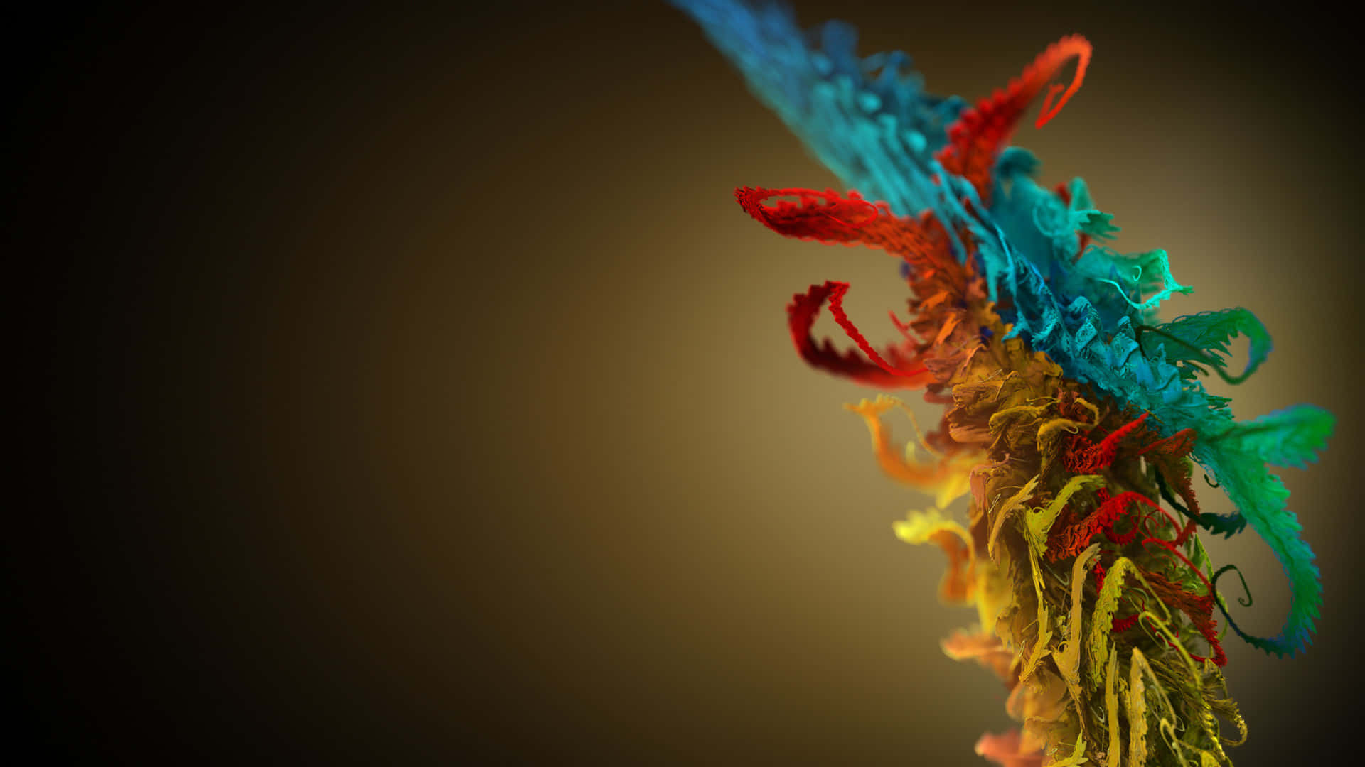 Beautiful Abstract 桌布 壁紙 — 充滿活力的抽象數位雕塑，帶有流動的紅色、藍色、綠色和黃色卷鬚，背景為深色漸變。