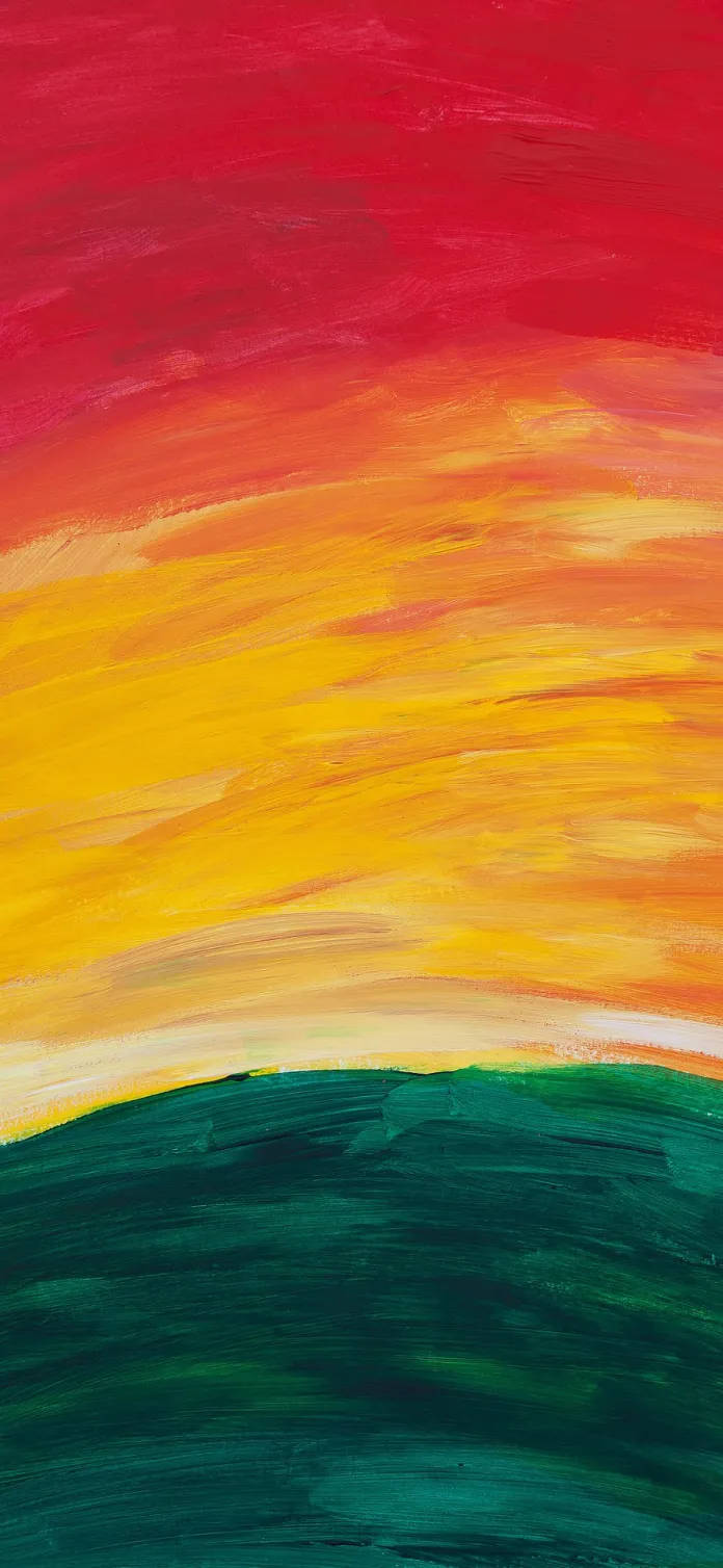 Painting 桌布 壁紙 — 充滿活力的抽象日落畫作，大膽的紅色、橙色、黃色和綠色筆觸在畫布上融合。