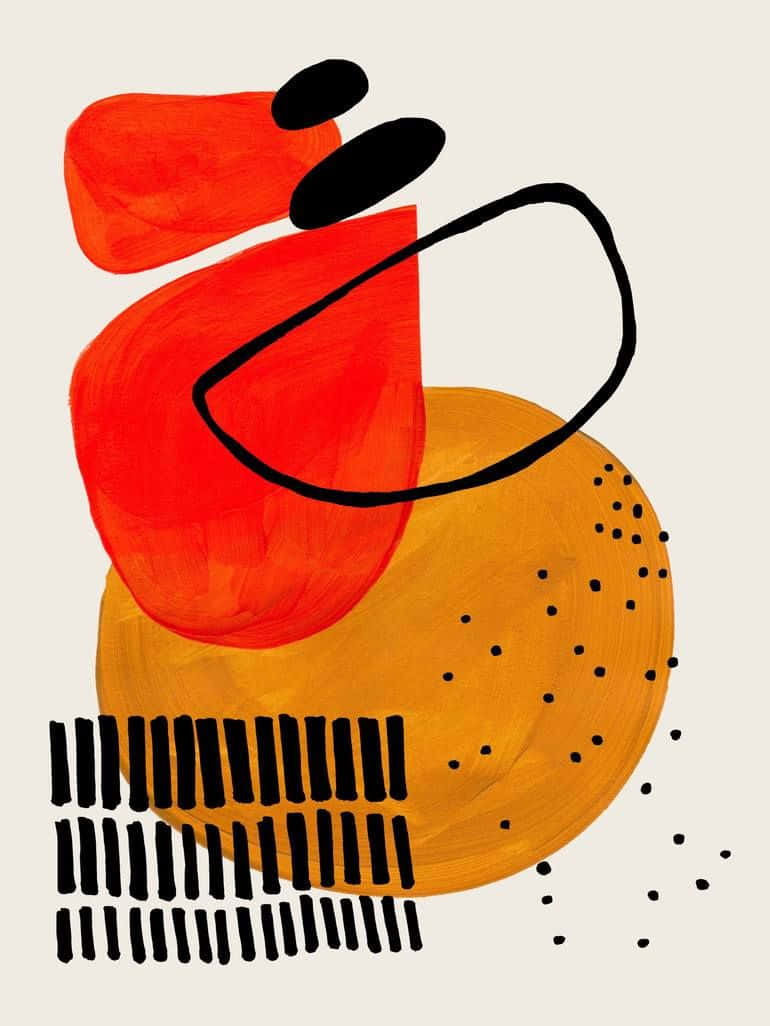 Modern Minimalist Art 桌布 壁紙 — 充滿活力的抽象構圖，以米色背景上大膽的紅色和橙色形狀搭配黑色線條和圓點。