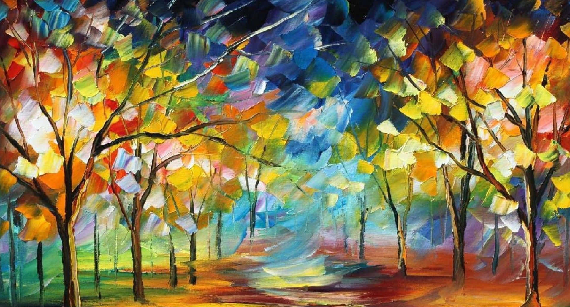Contemporary Art 桌布 壁紙 — 充滿活力的抽象樹木，帶有多彩的樹葉，在旋轉的藍天下以大膽的油畫風格伸展。