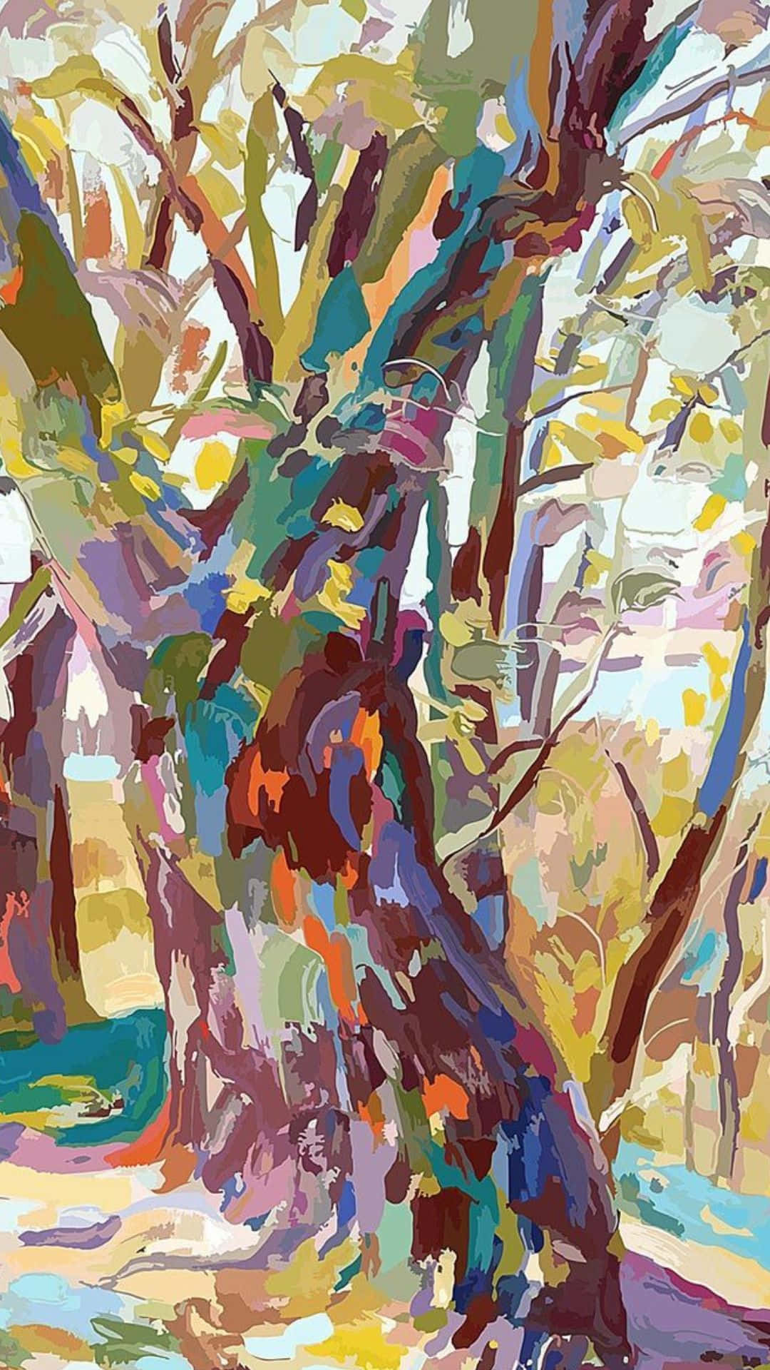 Expressionist 桌布 壁紙 — 充滿活力的抽象樹木畫作，帶有粗獷的筆觸和混合的秋日色彩。
