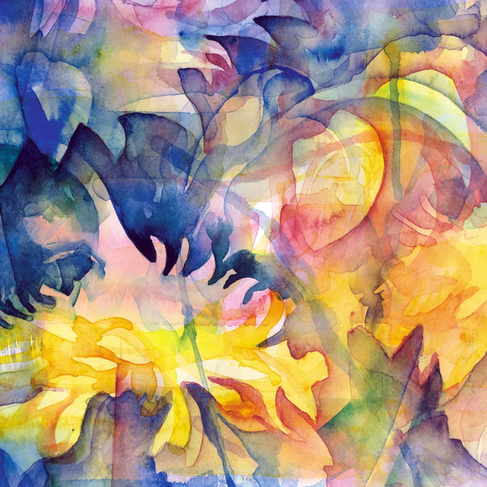 Yellow Art 桌布 壁紙 — 充滿活力的抽象水彩漩渦將火熱的黃色和深藍色融合成夢幻、流暢的構圖。