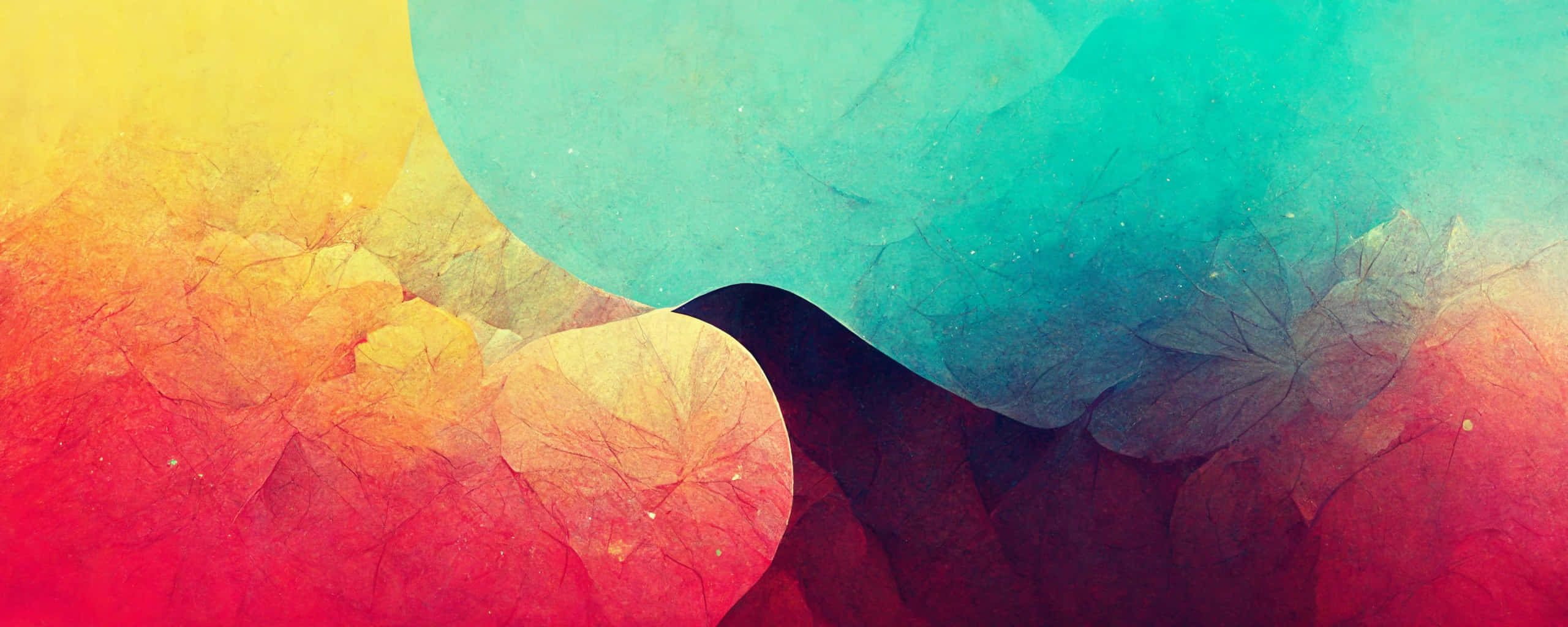 Twitter Header 桌布 壁紙 — 充滿活力的抽象水彩漩渦融合了火紅、橙色和冷色調的藍綠色，並帶有半透明的葉子輪廓。