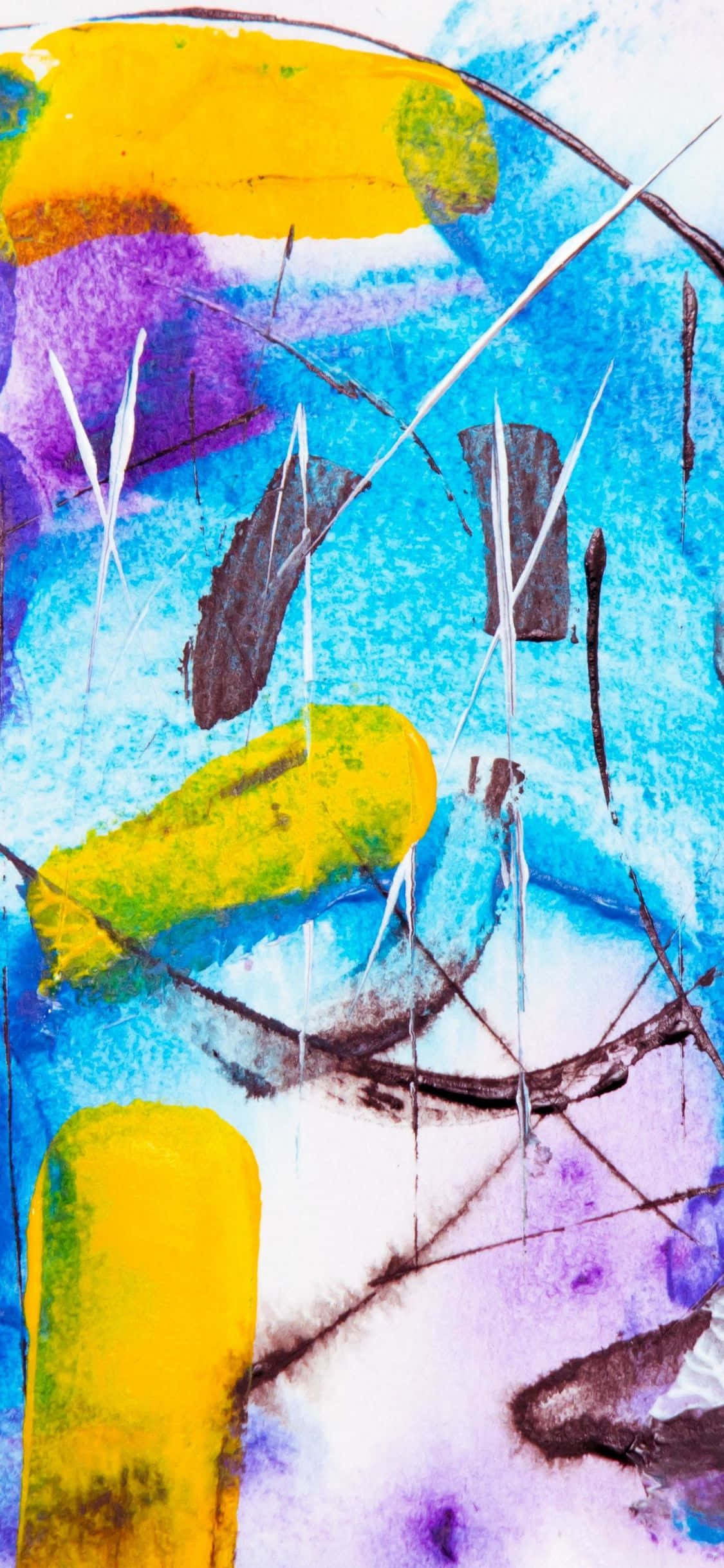 Expressionist 桌布 壁紙 — 充滿活力的抽象水彩潑濺，大膽的黃色、紫色和藍色筆觸與銳利的黑色線條交織。