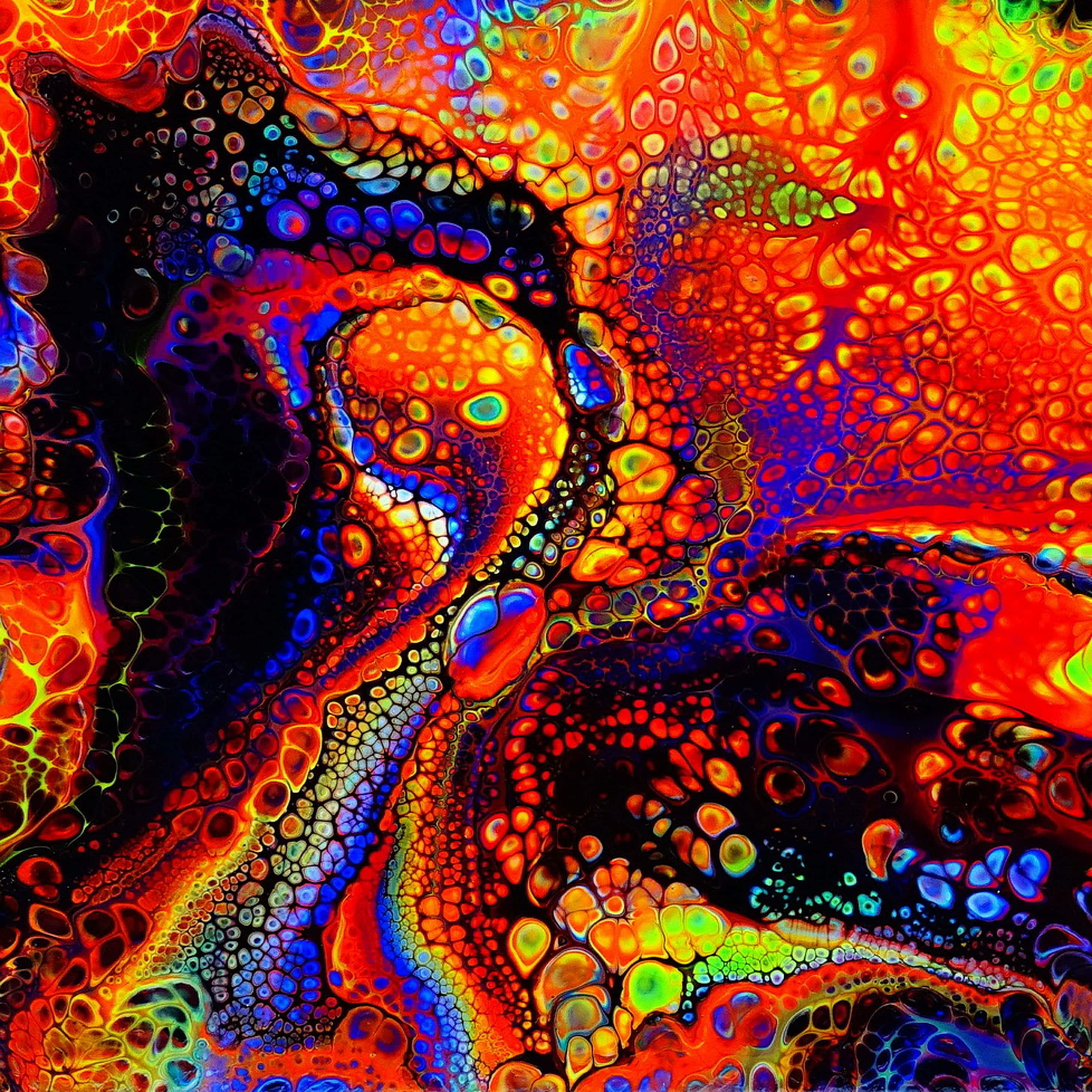 psychedelic art 桌布 壁紙 — 充滿活力的抽象流體藝術，帶有旋轉的霓虹色彩和氣泡狀紋理，背景為深色。
