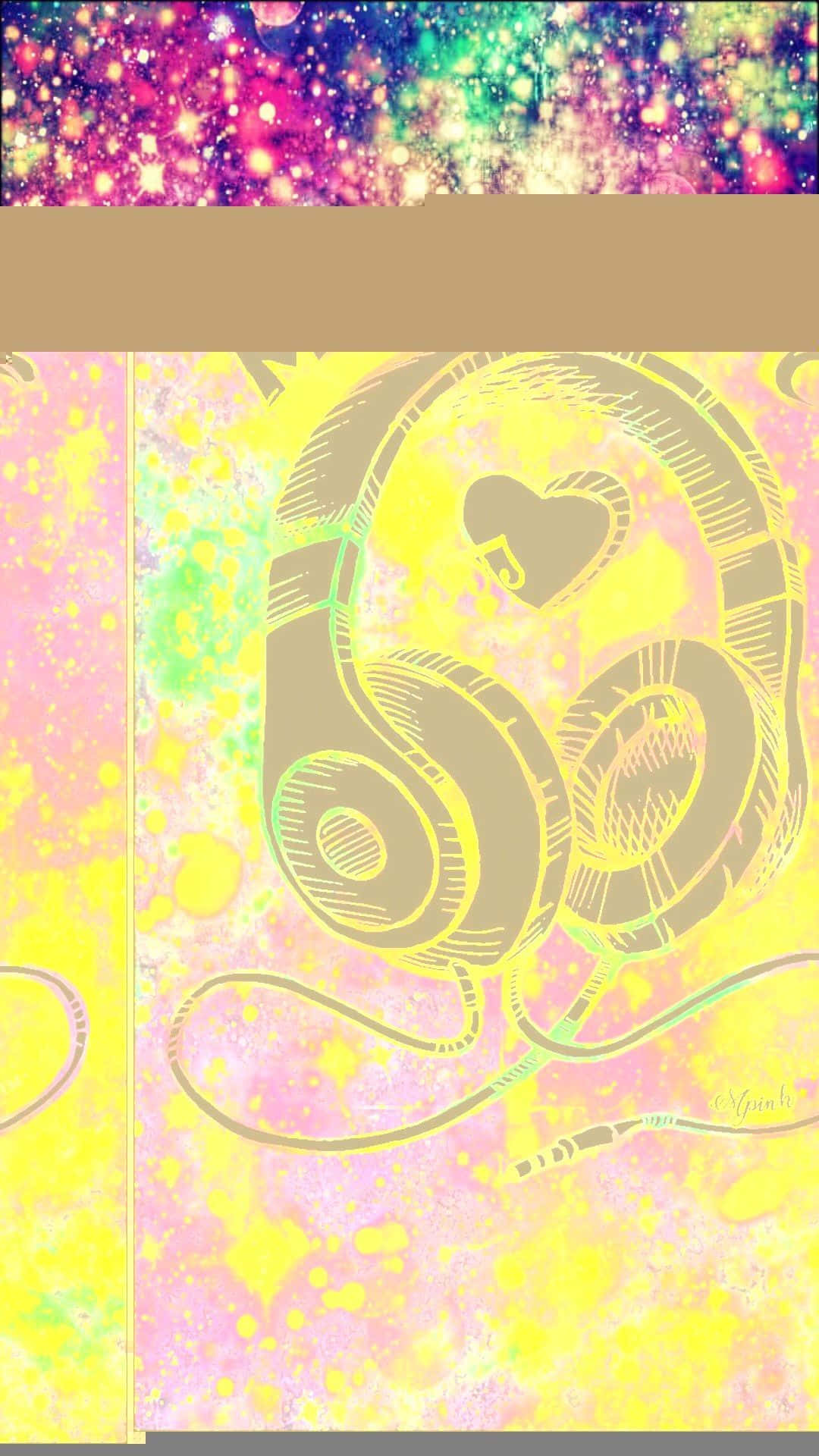 Cute Music 桌布 壁紙 — 充滿活力的抽象牆紙，帶有發光的耳機和霓虹粉、黃、綠色的宇宙閃光。