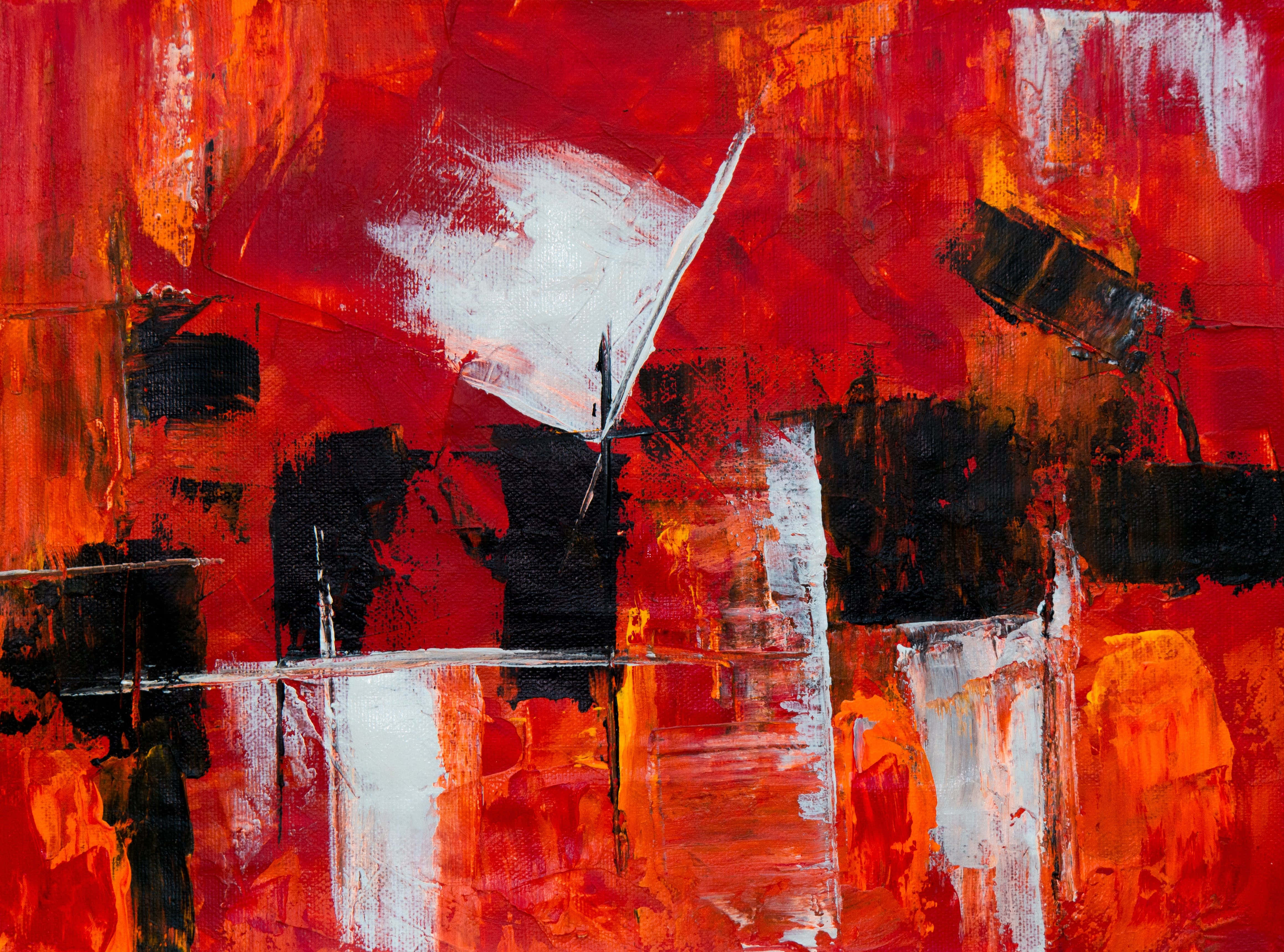 Contemporary Art 桌布 壁紙 — 充滿活力的抽象畫，以大膽的紅色、橙色、黑色和白色筆觸創造出動感十足、充滿能量的構圖。