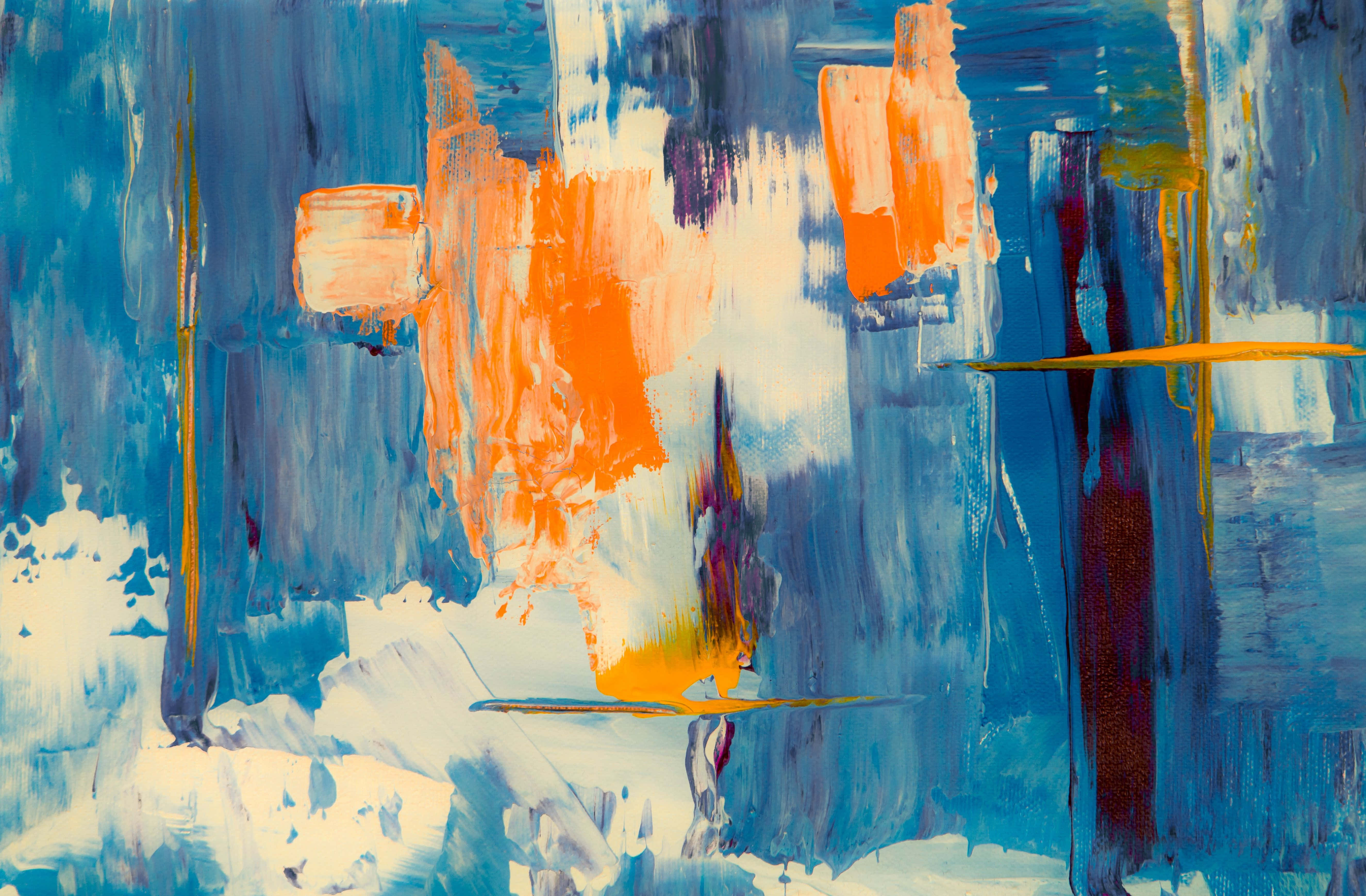 Expressionism 桌布 壁紙 — 充滿活力的抽象畫，以大膽的藍色、橙色和白色筆觸創造出動態的紋理能量。