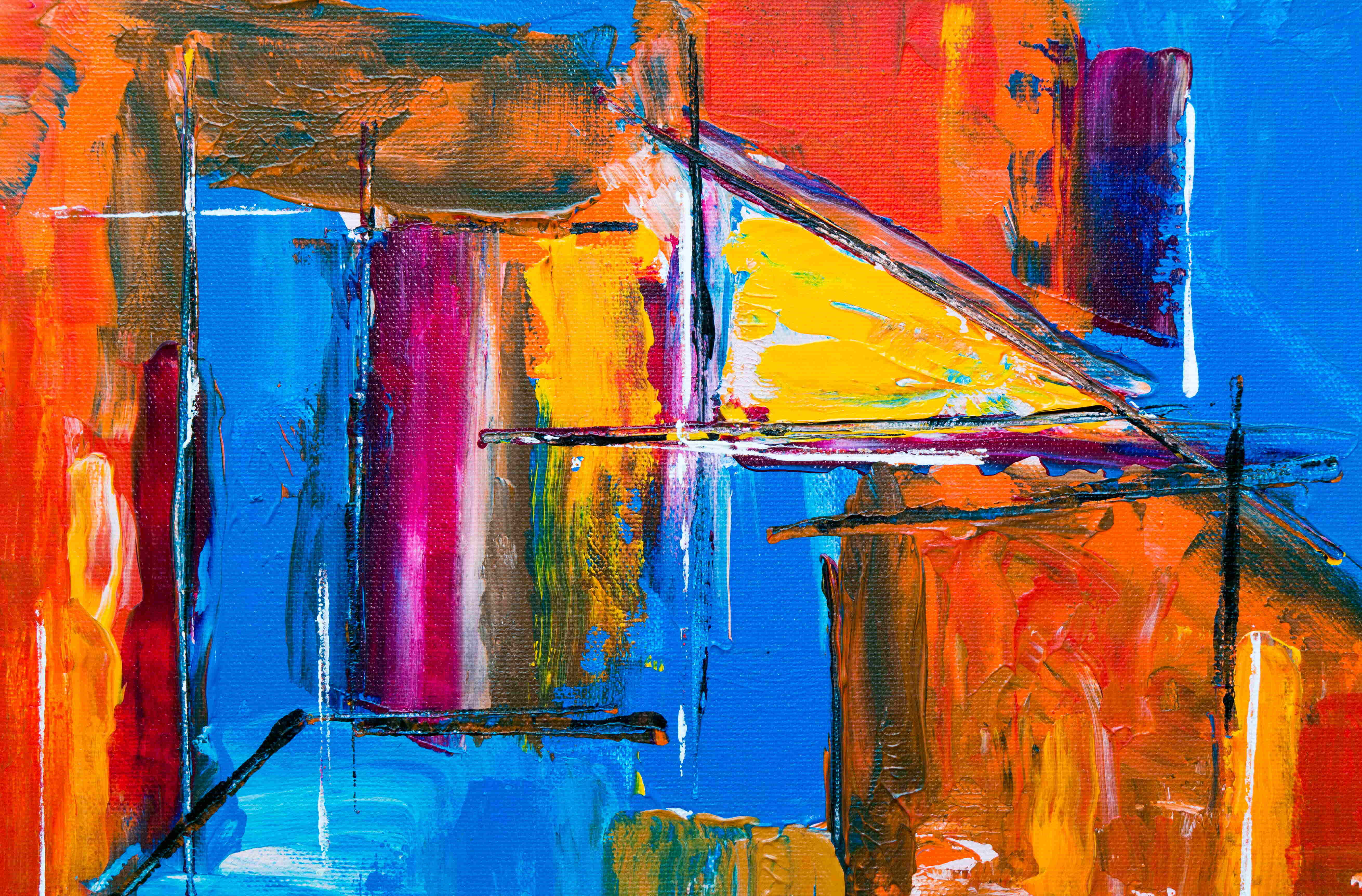 Expressionist 桌布 壁紙 — 充滿活力的抽象畫，以藍色、橙色、黃色和紫色的鮮明筆觸創造出動態的幾何形狀。
