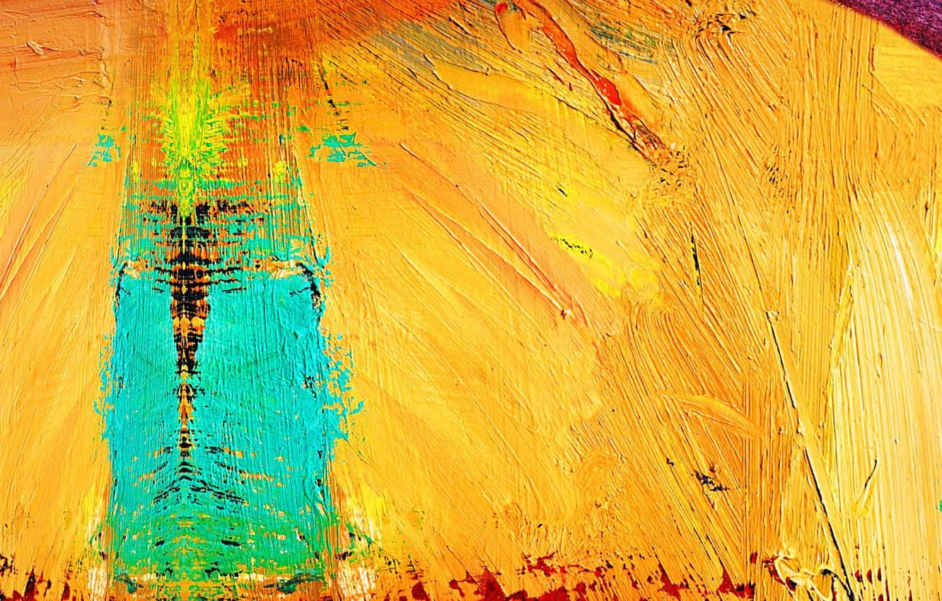 Yellow Painting 桌布 壁紙 — 充滿活力的抽象畫，大膽的橙色、黃色和藍綠色筆觸營造出動態紋理構圖。